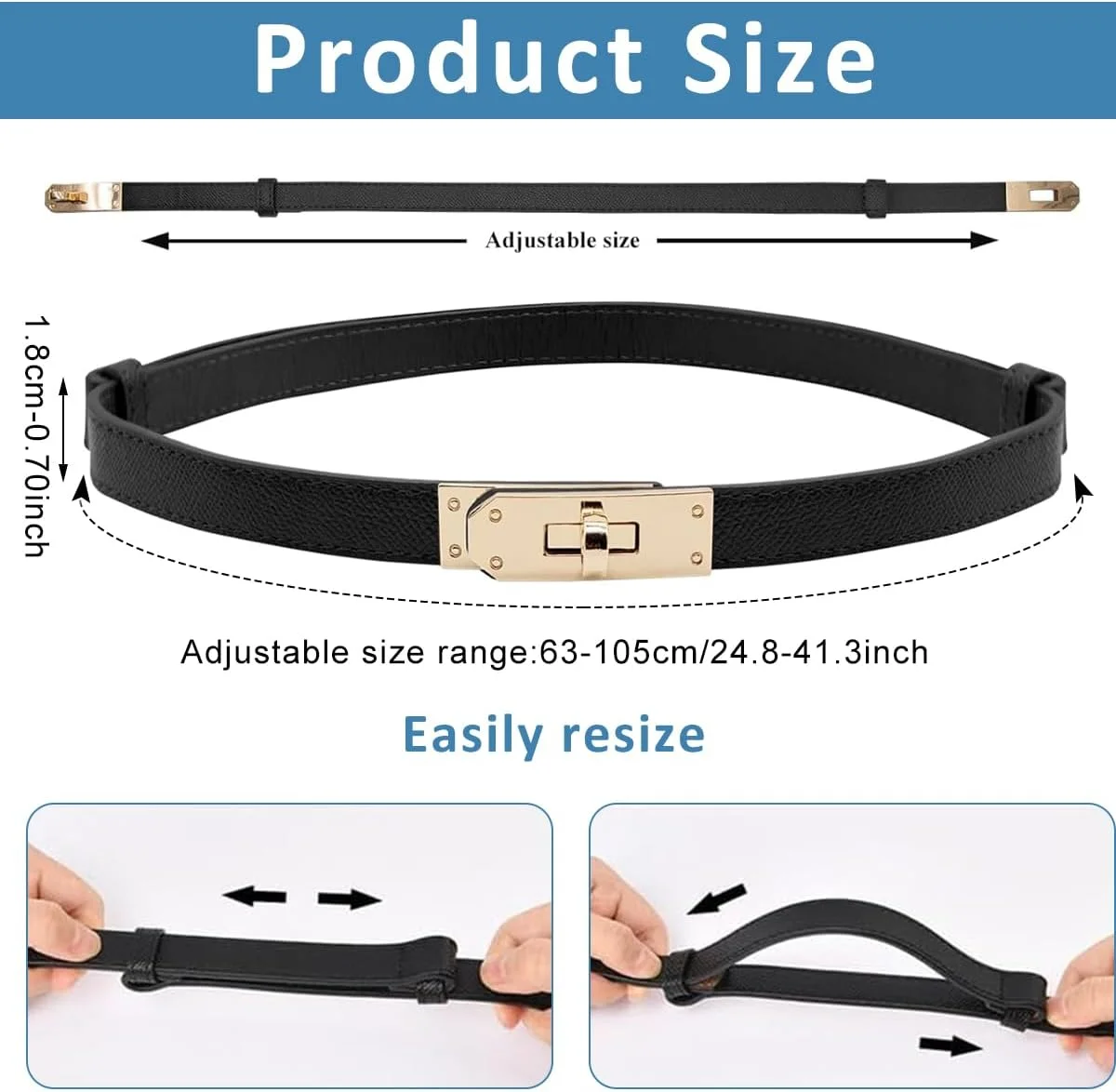 کمربند زنانه برای لباس، کمربندهای شیک زنانه، کمربند باریک چرمی PU با سگک قفل چرخشی آلیاژی مناسب برای دور کمر 65-105 سانتی متر، سایز آزاد برای همه