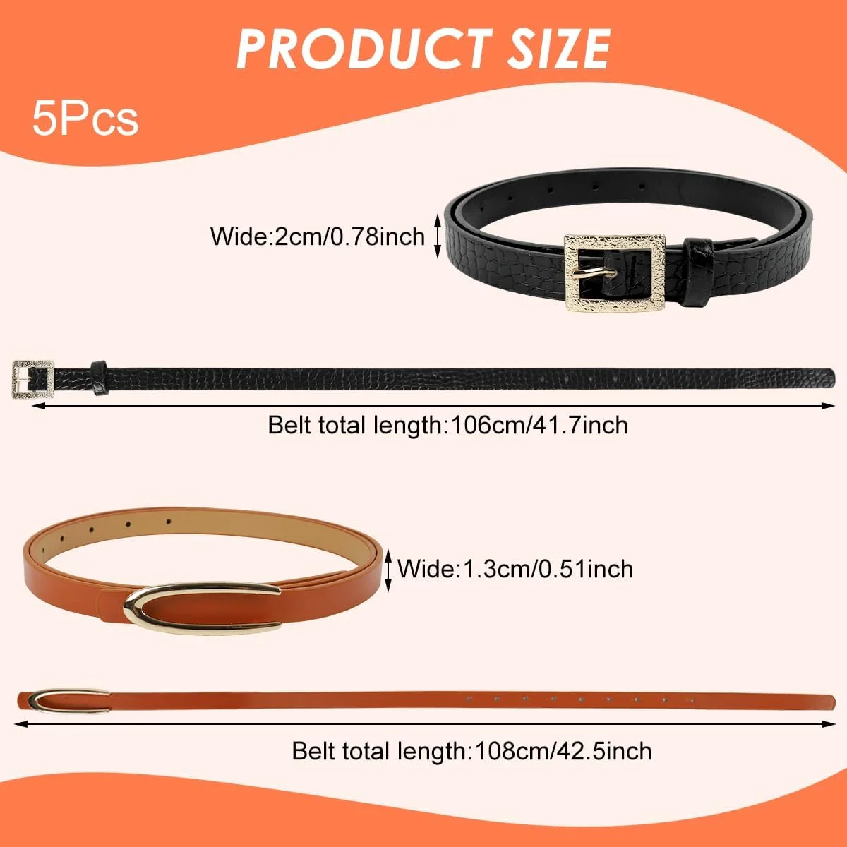 ست کمربند زنانه 5 تکه با سگک فلزی تزئینی، کمربند کوچک چند منظوره - چند رنگ
