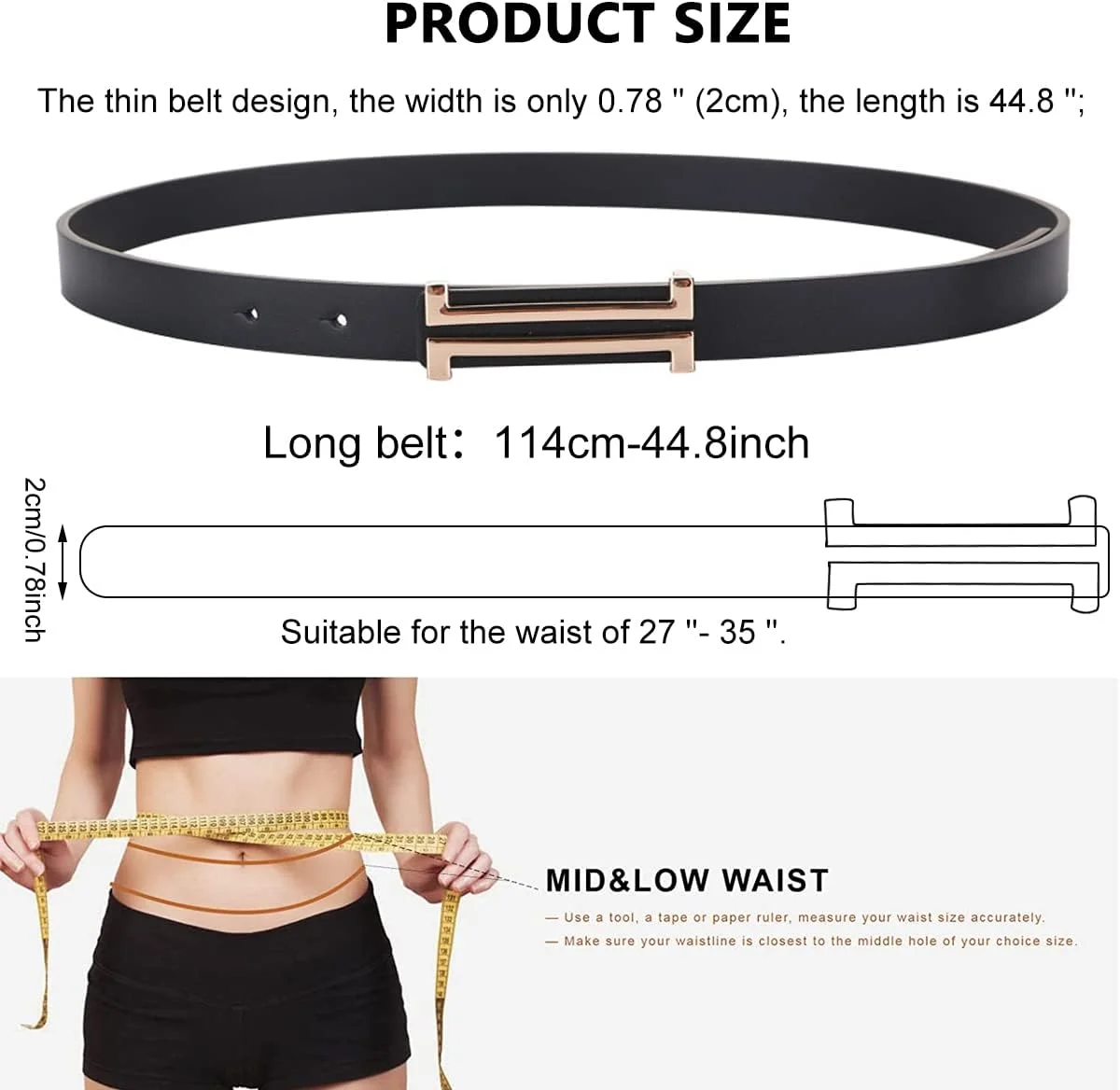 کمربند چرمی فشن زنانه، کمربند باریک ساده با سگک برای پیراهن، شلوار و جین - مشکی، سایز آزاد