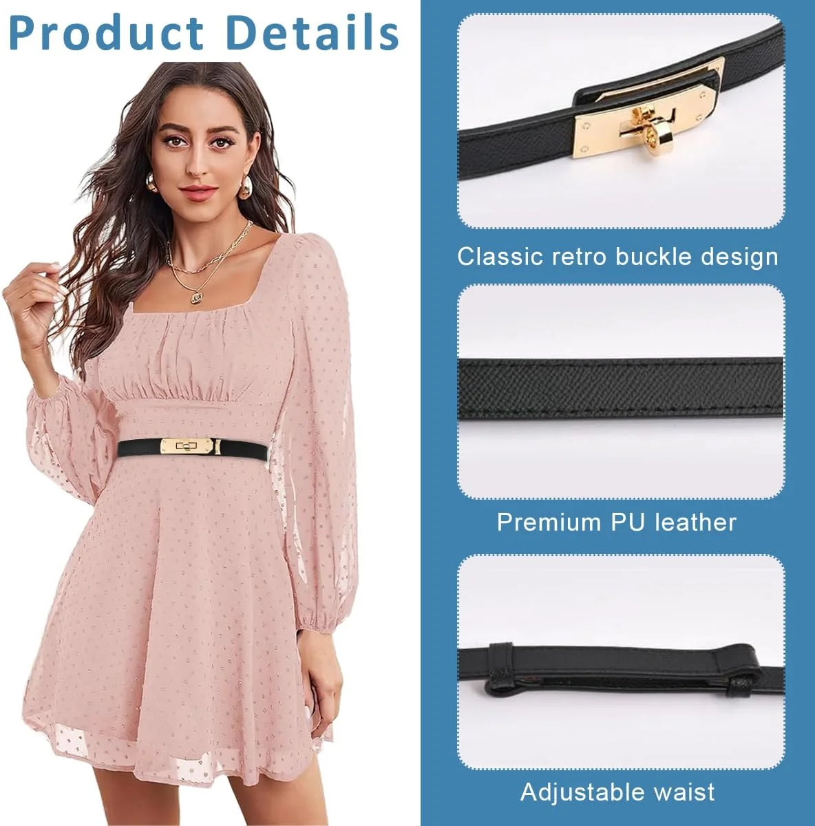 کمربند زنانه برای لباس، کمربندهای شیک زنانه، کمربند باریک چرمی PU با سگک قفل چرخشی آلیاژی مناسب برای دور کمر 65-105 سانتی متر، سایز آزاد برای همه