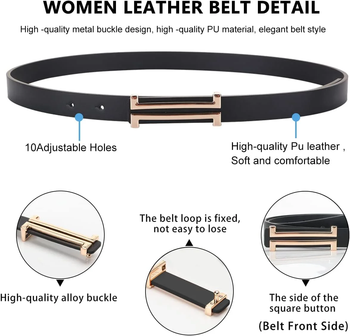 کمربند چرمی فشن زنانه، کمربند باریک ساده با سگک برای پیراهن، شلوار و جین - مشکی، سایز آزاد