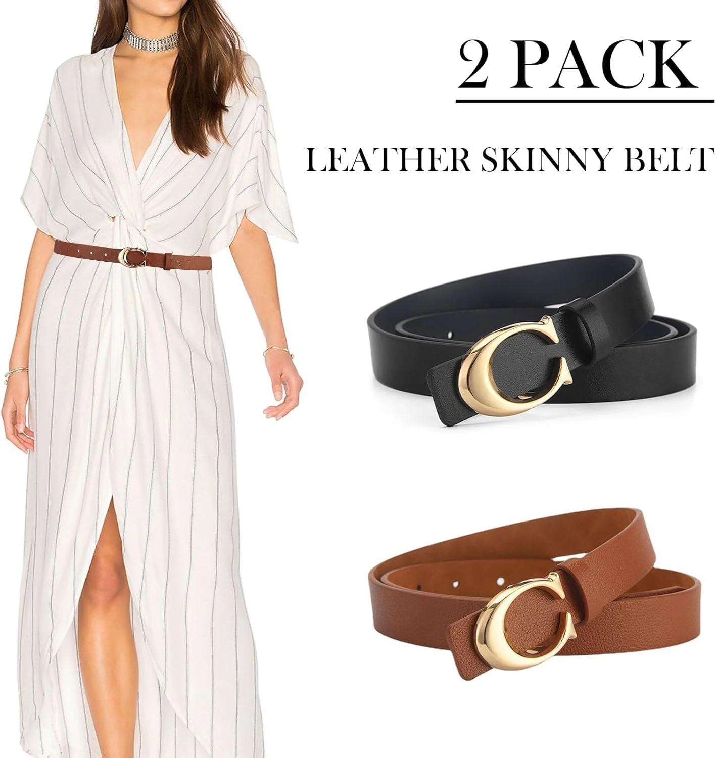 کمربند چرمی زنانه Azonee، کمربند کمر چرمی مصنوعی شیک زنانه، کمربند چرمی زنانه برای شلوار جین، سگک طلایی مد لباس زنانه، 2 عدد کمربند چرمی زنانه Azonee، کمربند کمر چرمی مصنوعی شیک زنانه، کمربند چرمی زنانه برای شلوار جین، سگک طلایی مد لباس زنانه، 2 عدد