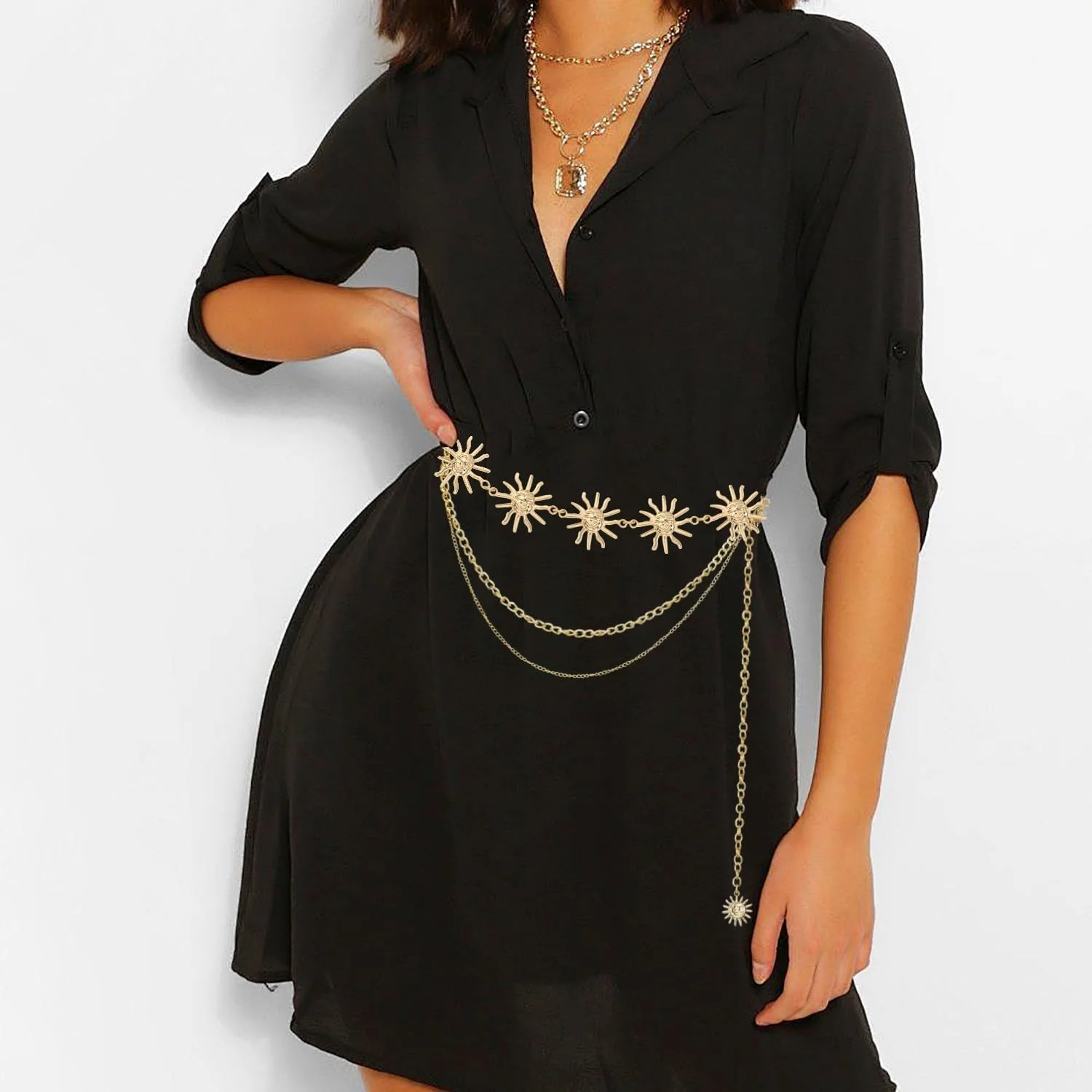 کمربند زنجیری چند لایه طلایی طرح خورشید زنانه آزونی | کمربند کمر دختر گاوچران غربی برای پیراهن و شلوار جین | زنجیر بدن فلزی قابل تنظیم برای استفاده روزانه و کنسرت های کانتری | اکسسوری جواهرات فشن شکم