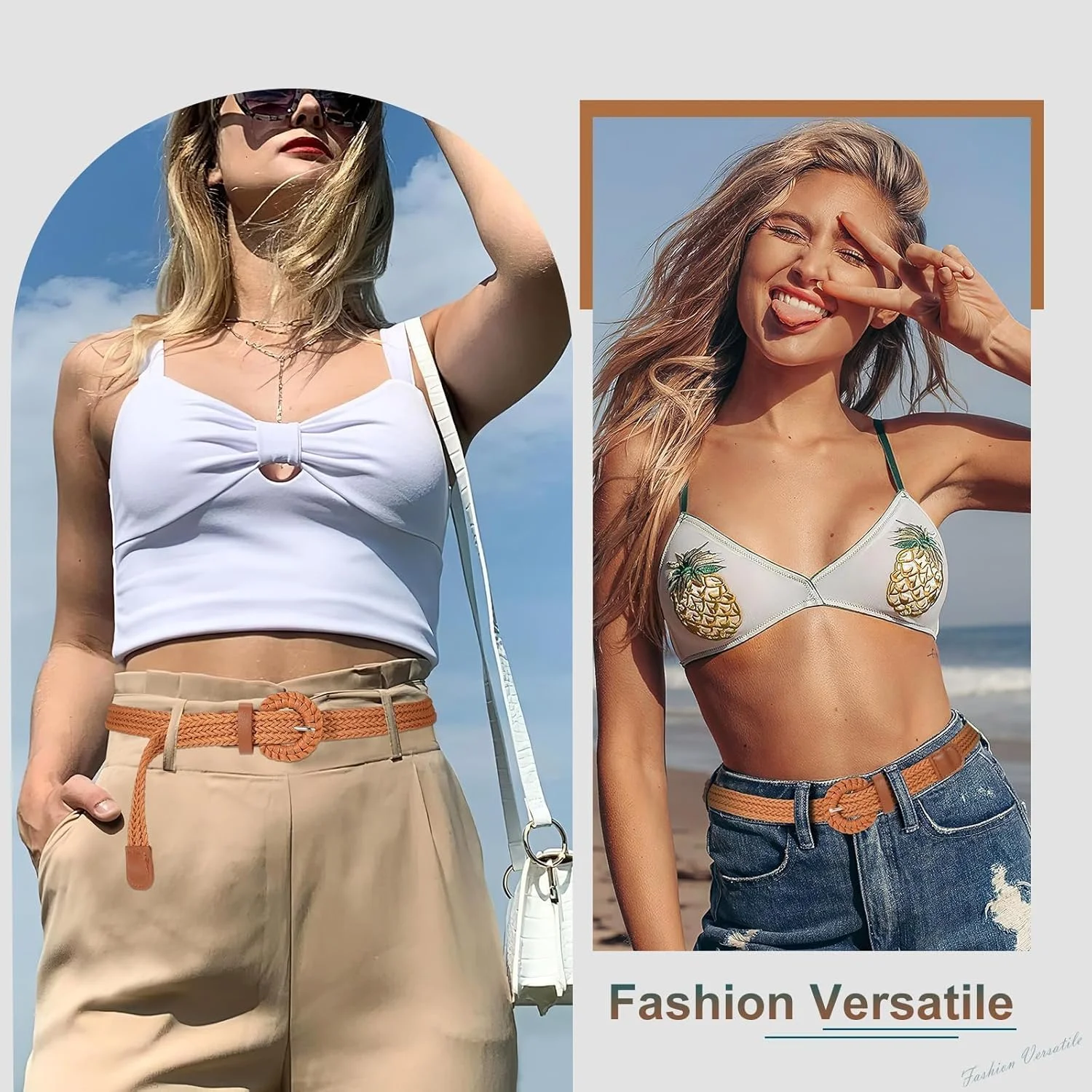 کمربند حصیری بافته زنانه آزونه | کمربند کشی الاستیک باریک با سگک طلایی | اکسسوری مد تابستانی برای پیراهن، شلوار جین و شلوار