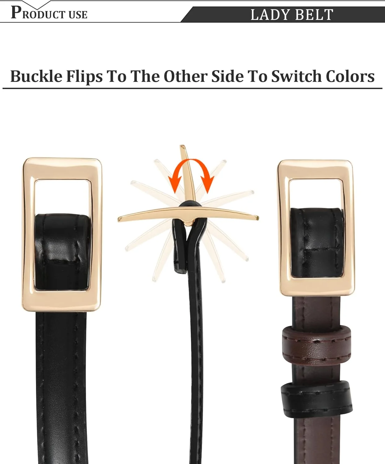 کمربند چرمی باریک و دو طرفه AWAYTR - کمربند باریک بدون سوراخ برای شلوار جین و لباس زنانه با سگک طلایی