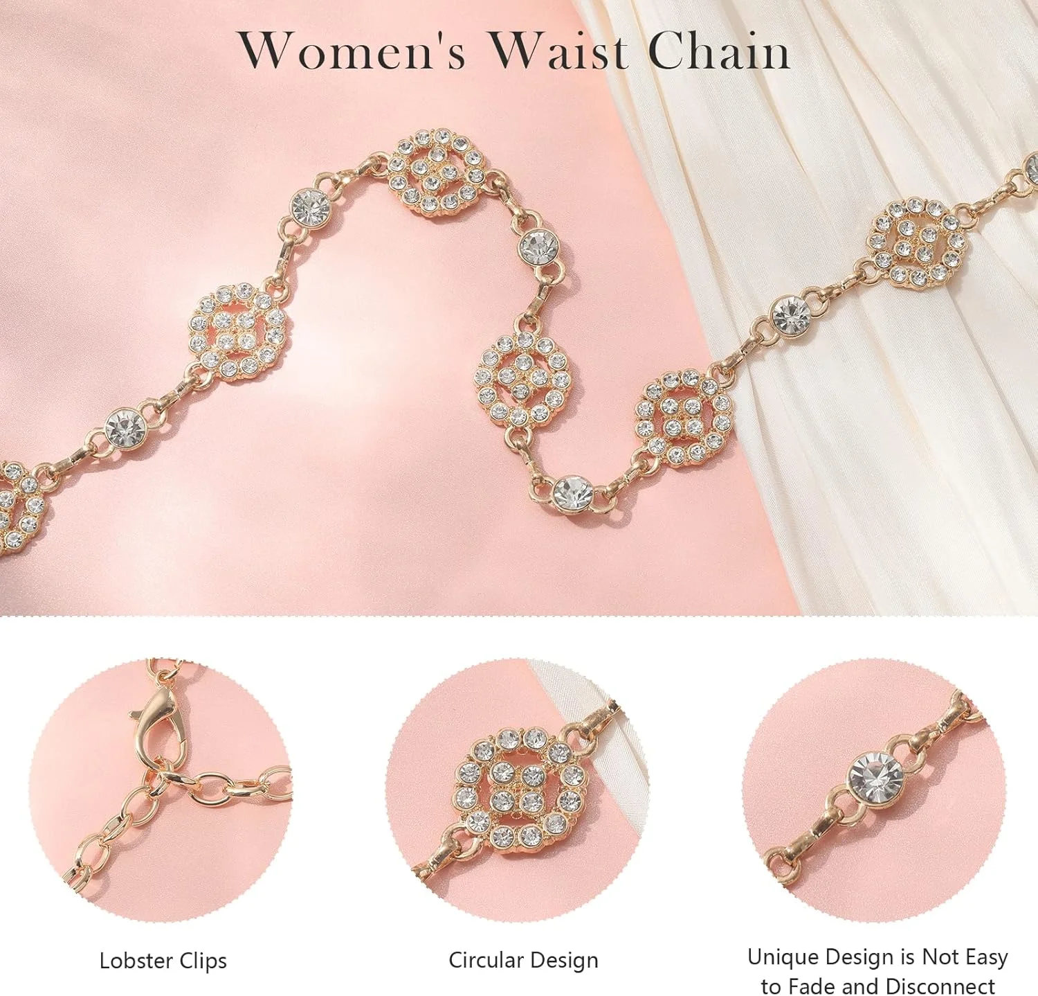 کمربند زنجیری زنانه AWAYTR - کمربند زنجیری نگین دار طلایی نقره ای برای لباس