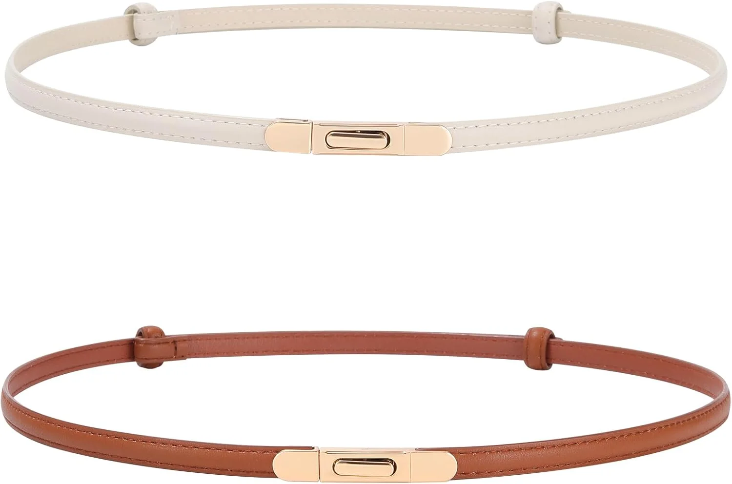 کمربند چرمی باریک زنانه AWAYTR - بسته 2 عددی کمربند چرمی نازک قابل تنظیم برای شلوار جین و پیراهن با سگک طلایی