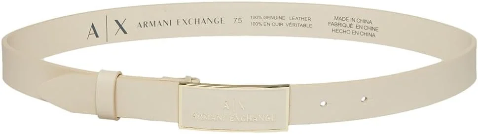 کمربند چرمی زنانه آرمانی اکسچنج با جزئیات طلایی و پلاک لوگو