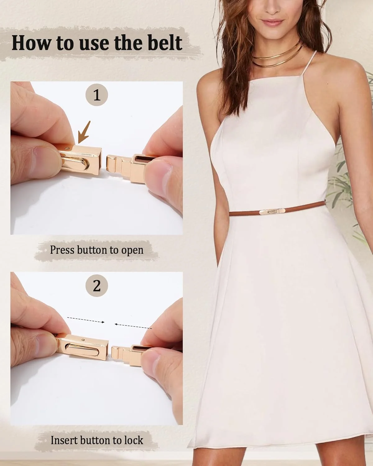 کمربند چرمی باریک زنانه AWAYTR - بسته 2 عددی کمربند چرمی نازک قابل تنظیم برای شلوار جین و پیراهن با سگک طلایی