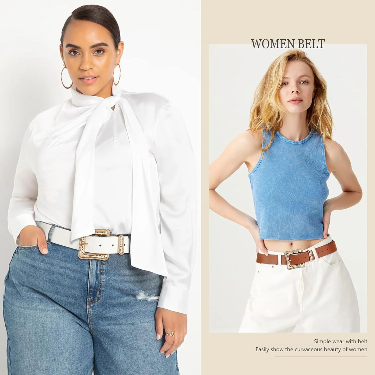 کمربندهای چرمی زنانه AWAYTR - 2 عدد کمربند چرمی PU با طراحی وینتیج برای شلوار و پیراهن