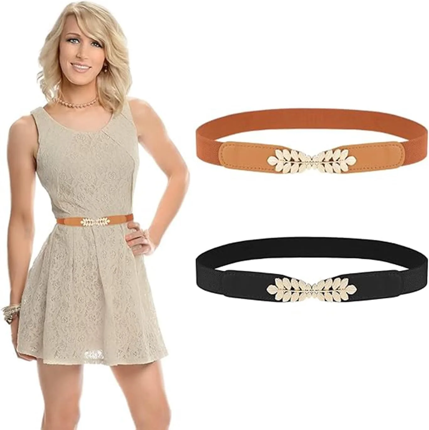 ست دو عددی کمربند باریک کشی زنانه با قفل چرخشی، کمربند زنانه قابل تنظیم 60-80 سانتی متر، کمربندهای باریک شیک برای شلوار و پیراهن، اکسسوری روزمره