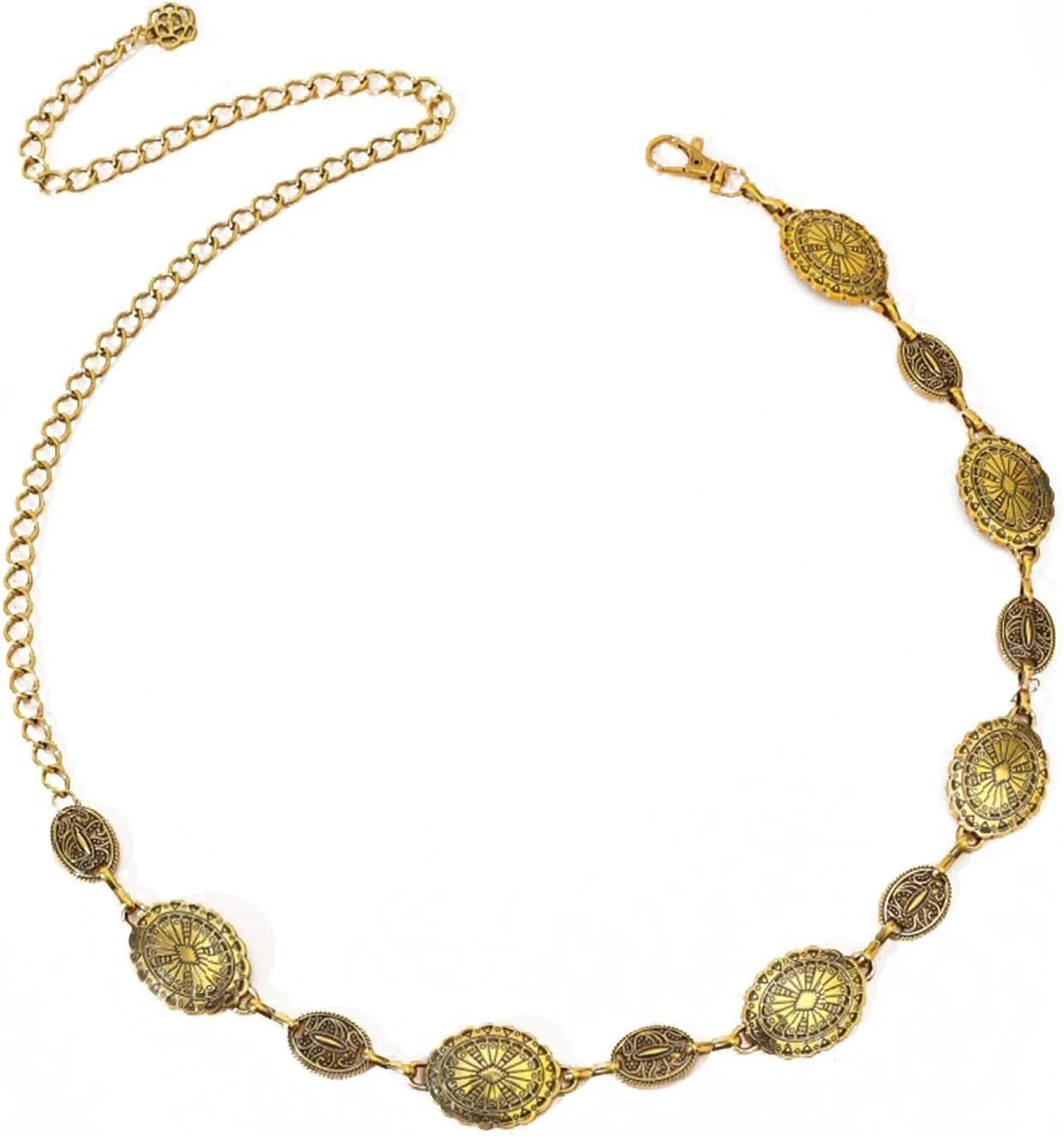 کمربند زنجیری طلایی طرح گل بابونه زنانه، کمربند فلزی قابل تنظیم، سبک بوهو وسترن وینتیج، مناسب برای پیراهن، شلوار جین، لباس های دختر گاوچران، طراحی توری سگک بلند