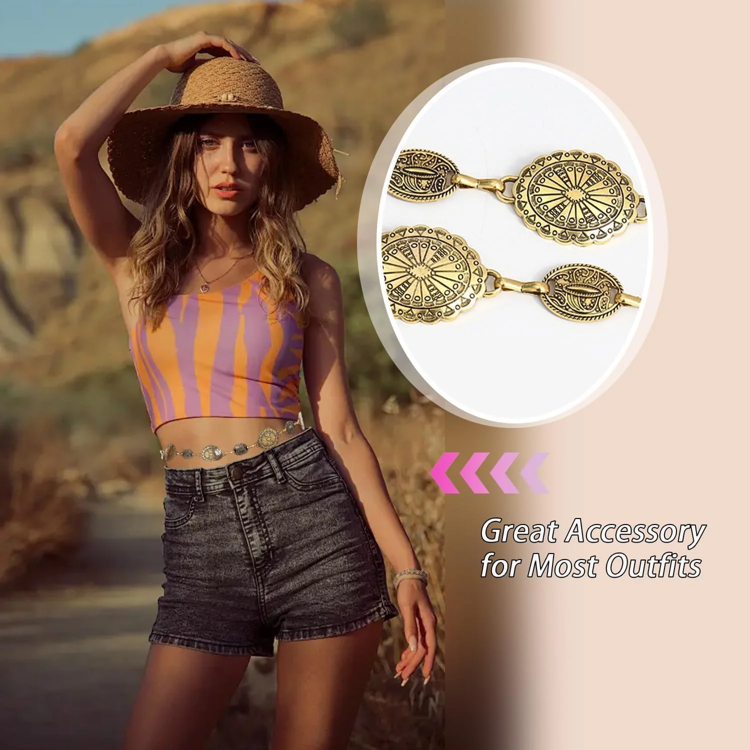 کمربند زنجیری طلایی طرح گل بابونه زنانه، کمربند فلزی قابل تنظیم، سبک بوهو وسترن وینتیج، مناسب برای پیراهن، شلوار جین، لباس های دختر گاوچران، طراحی توری سگک بلند کمربند زنجیری طلایی طرح گل بابونه زنانه، کمربند فلزی قابل تنظیم، سبک بوهو وسترن وینتیج، مناسب برای پیراهن، شلوار جین، لباس های دختر گاوچران، طراحی توری سگک بلند