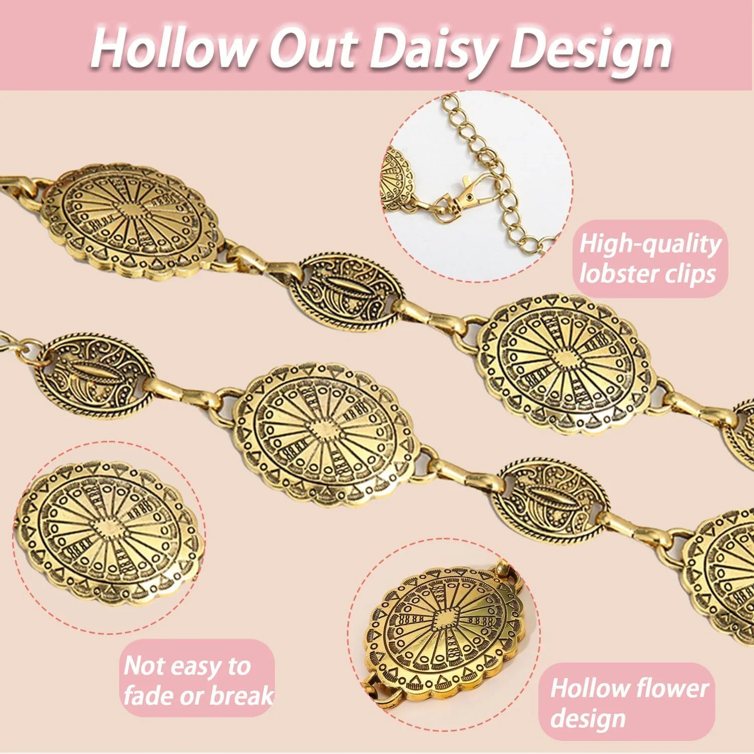 کمربند زنجیری طلایی طرح گل بابونه زنانه، کمربند فلزی قابل تنظیم، سبک بوهو وسترن وینتیج، مناسب برای پیراهن، شلوار جین، لباس های دختر گاوچران، طراحی توری سگک بلند کمربند زنجیری طلایی طرح گل بابونه زنانه، کمربند فلزی قابل تنظیم، سبک بوهو وسترن وینتیج، مناسب برای پیراهن، شلوار جین، لباس های دختر گاوچران، طراحی توری سگک بلند