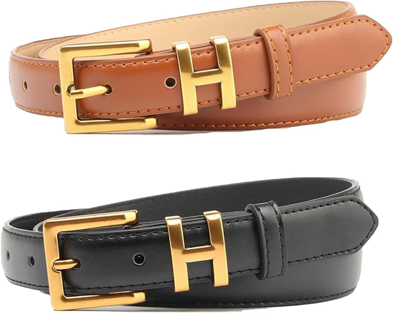 [2 عدد] کمربند باریک چرمی زنانه با سگک طلایی، کمربند شلوار جین برای شلوار با سگک سوزنی، کمربند زنانه برای لباس