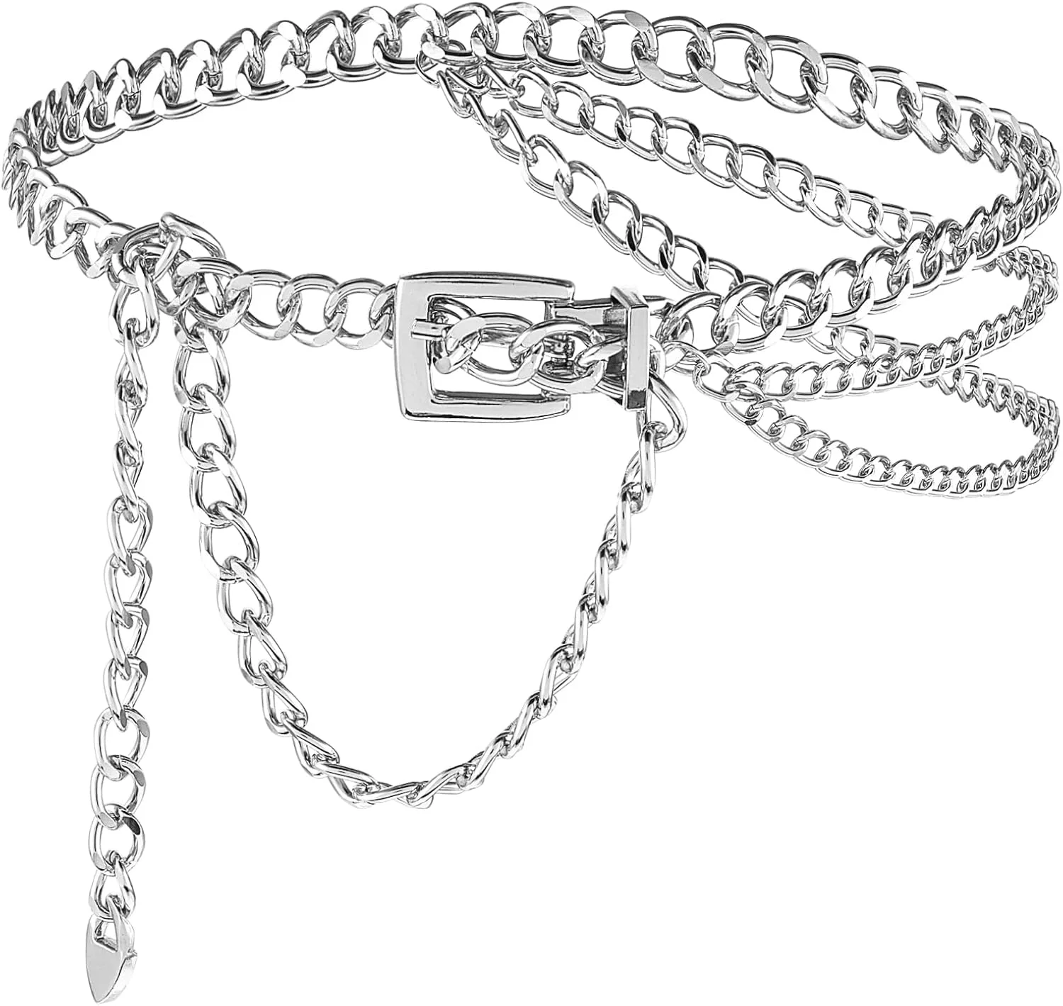 کمربند زنجیری فلزی نقره ای زنانه، کمربند چند لایه قابل تنظیم، اکسسوری شیک برای لباس، شلوار جین، دامن، استفاده روزمره و مهمانی