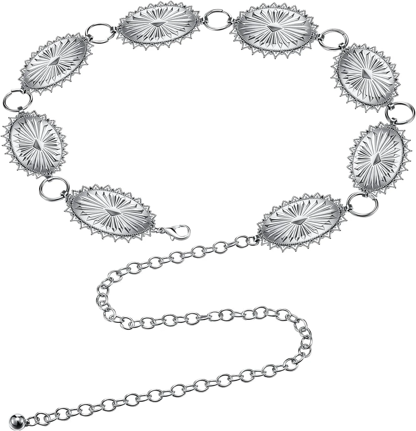 کمربند زنجیری فلزی زنانه، کمربند کابویی قابل تنظیم با حلقه های بیضی و جزئیات تزئینی، اکسسوری مد برای لباس ها، شلوار جین و لباس های کنسرت های محلی (نقره ای)