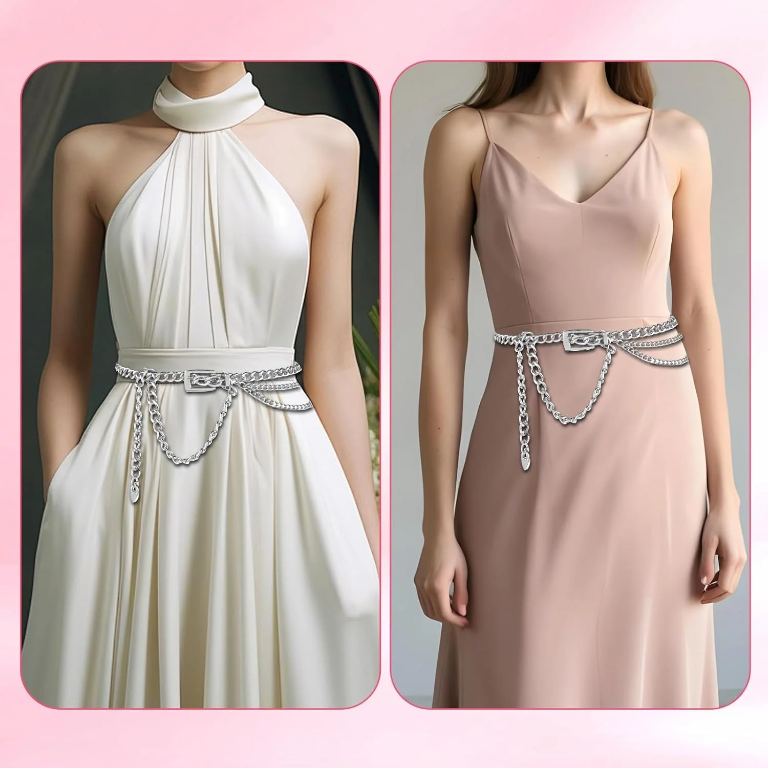 کمربند زنجیری فلزی نقره ای زنانه، کمربند چند لایه قابل تنظیم، اکسسوری شیک برای لباس، شلوار جین، دامن، استفاده روزمره و مهمانی کمربند زنجیری فلزی نقره ای زنانه، کمربند چند لایه قابل تنظیم، اکسسوری شیک برای لباس، شلوار جین، دامن، استفاده روزمره و مهمانی