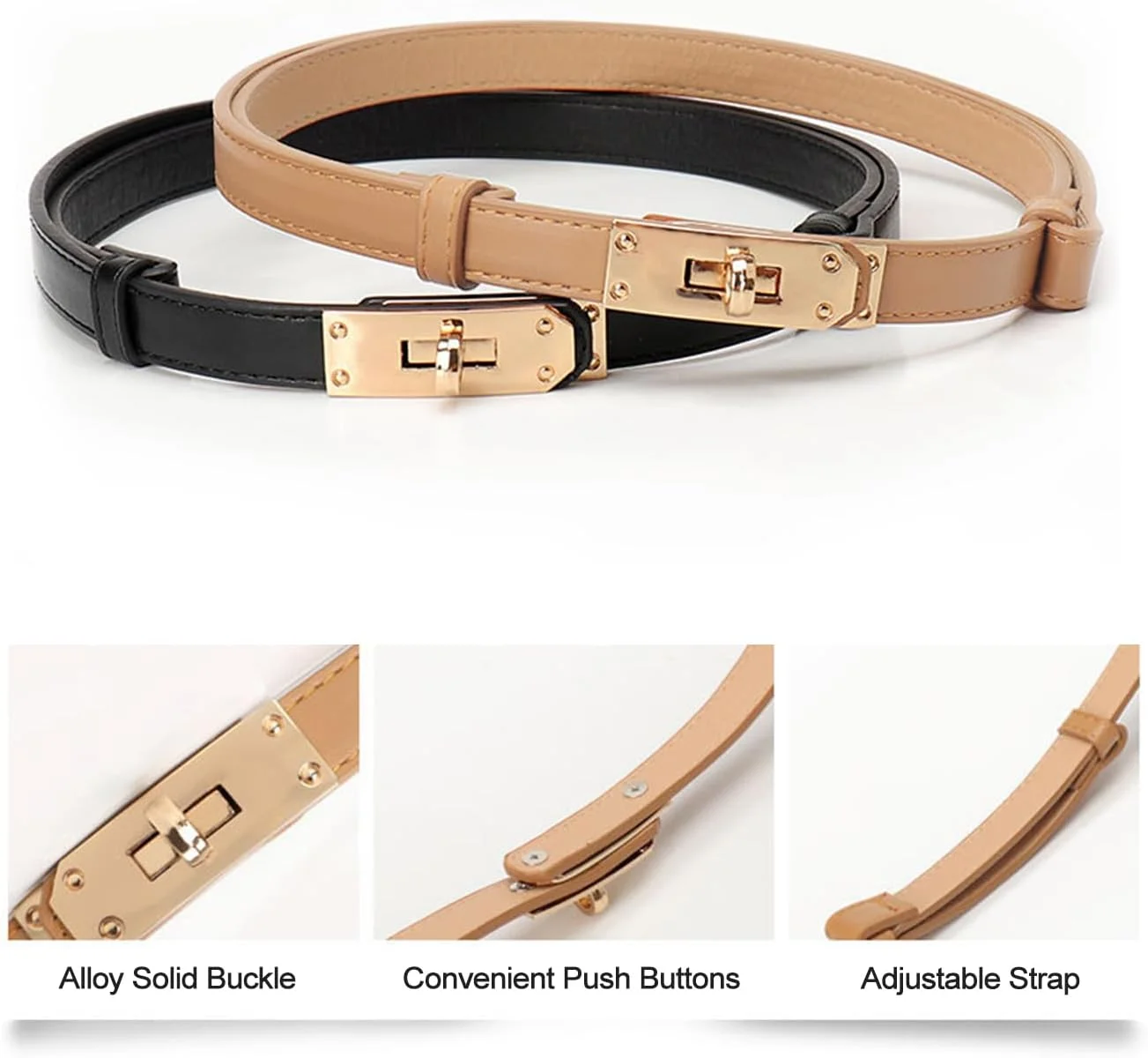 ست دو عددی کمربند زنانه قابل تنظیم با سگک طلایی، مناسب برای لباس، شلوار جین و کمربندهای باریک ست دو عددی کمربند زنانه قابل تنظیم با سگک طلایی، مناسب برای لباس، شلوار جین و کمربندهای باریک