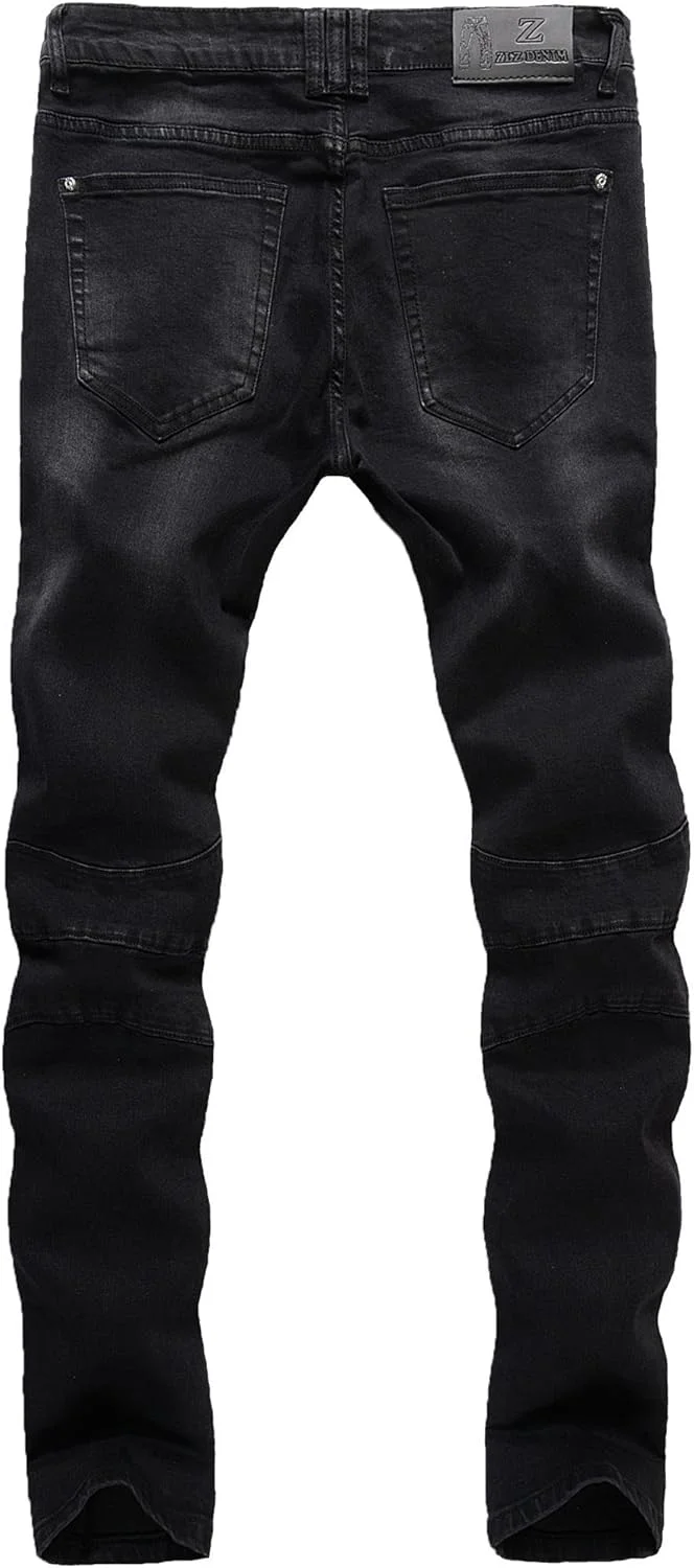 شلوار جین موتورسواری مشکی مردانه ZLZ، شلوار جین جذب و راحت مردانه با پارچه کشی و طرح پاره، شلوار جین طراح