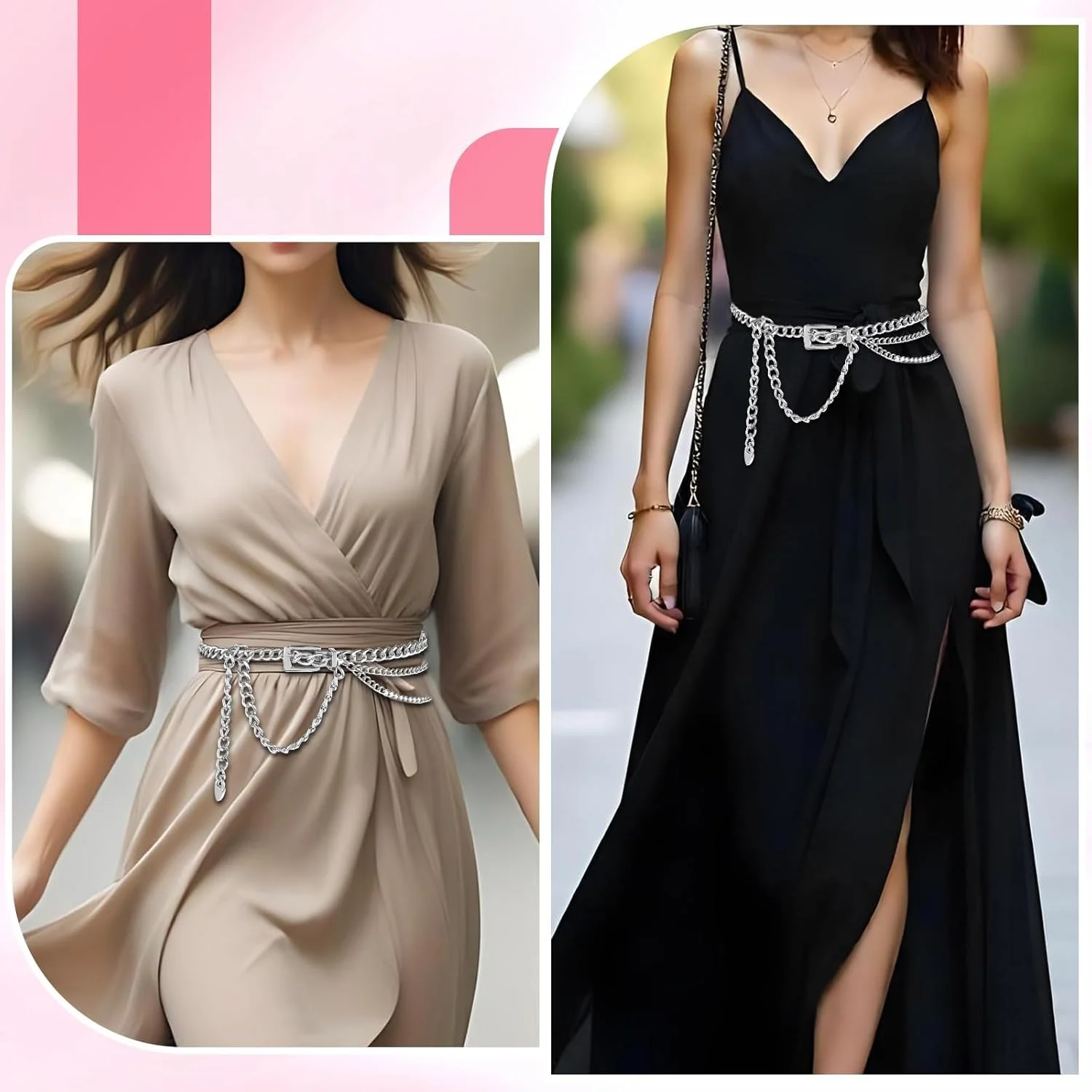 کمربند زنجیری فلزی نقره ای زنانه، کمربند چند لایه قابل تنظیم، اکسسوری شیک برای لباس، شلوار جین، دامن، استفاده روزمره و مهمانی کمربند زنجیری فلزی نقره ای زنانه، کمربند چند لایه قابل تنظیم، اکسسوری شیک برای لباس، شلوار جین، دامن، استفاده روزمره و مهمانی