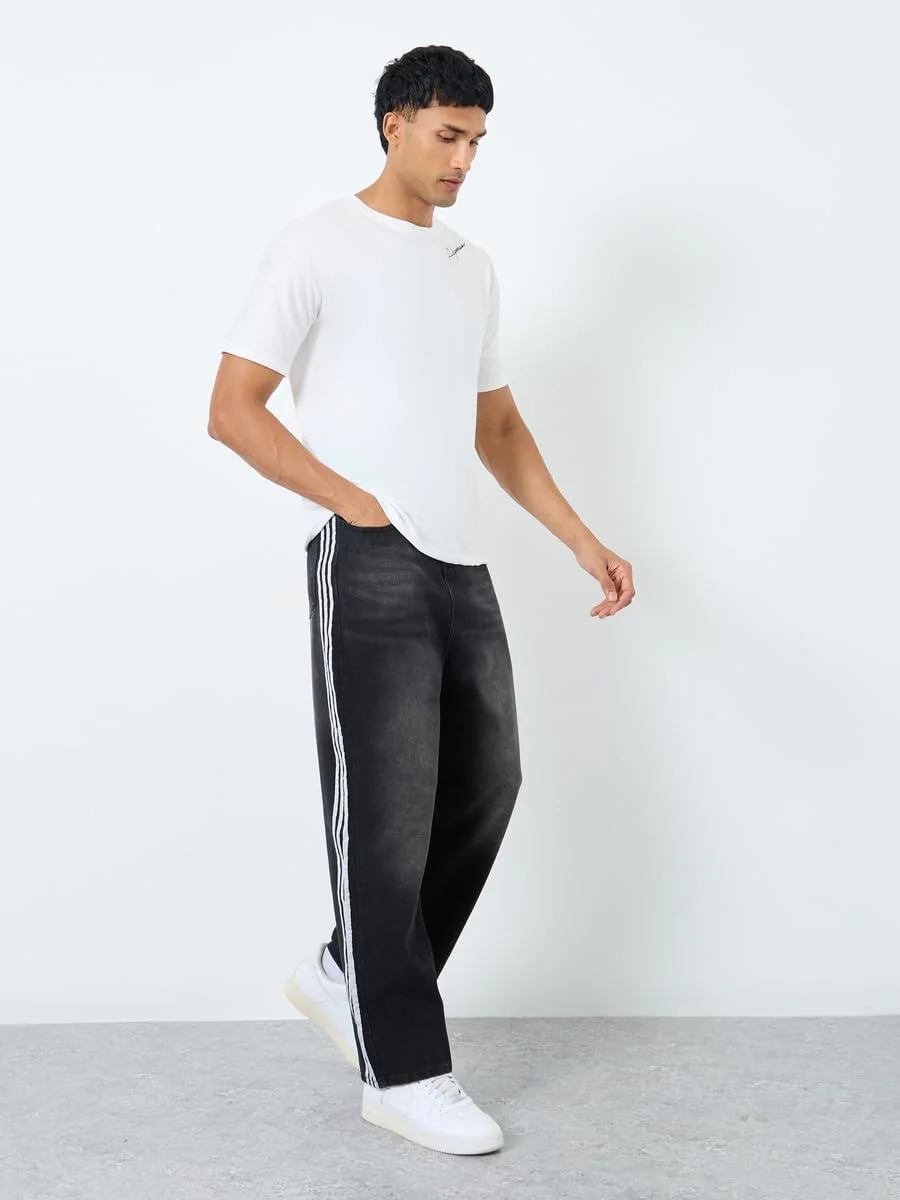 شلوار جین مردانه استایلی، فاق متوسط، مدل آزاد با نوار کناری