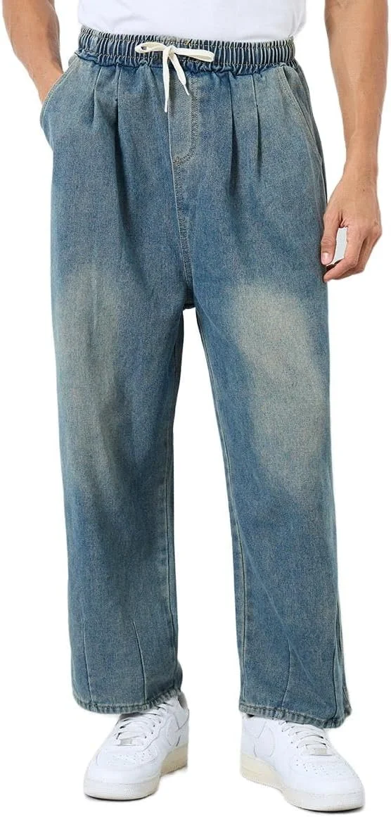شلوار جین مردانه استایلی، فاق متوسط، مدل آزاد با بند کشی