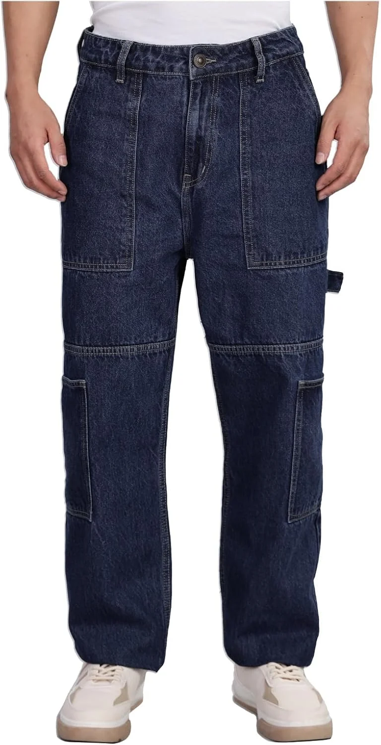 شلوار جین کارپنتری مردانه INKD - فاق متوسط | 100% پنبه | دوخت متضاد | دارای 6 جیب | شلوار جین آزاد مردانه | کارگو مردانه