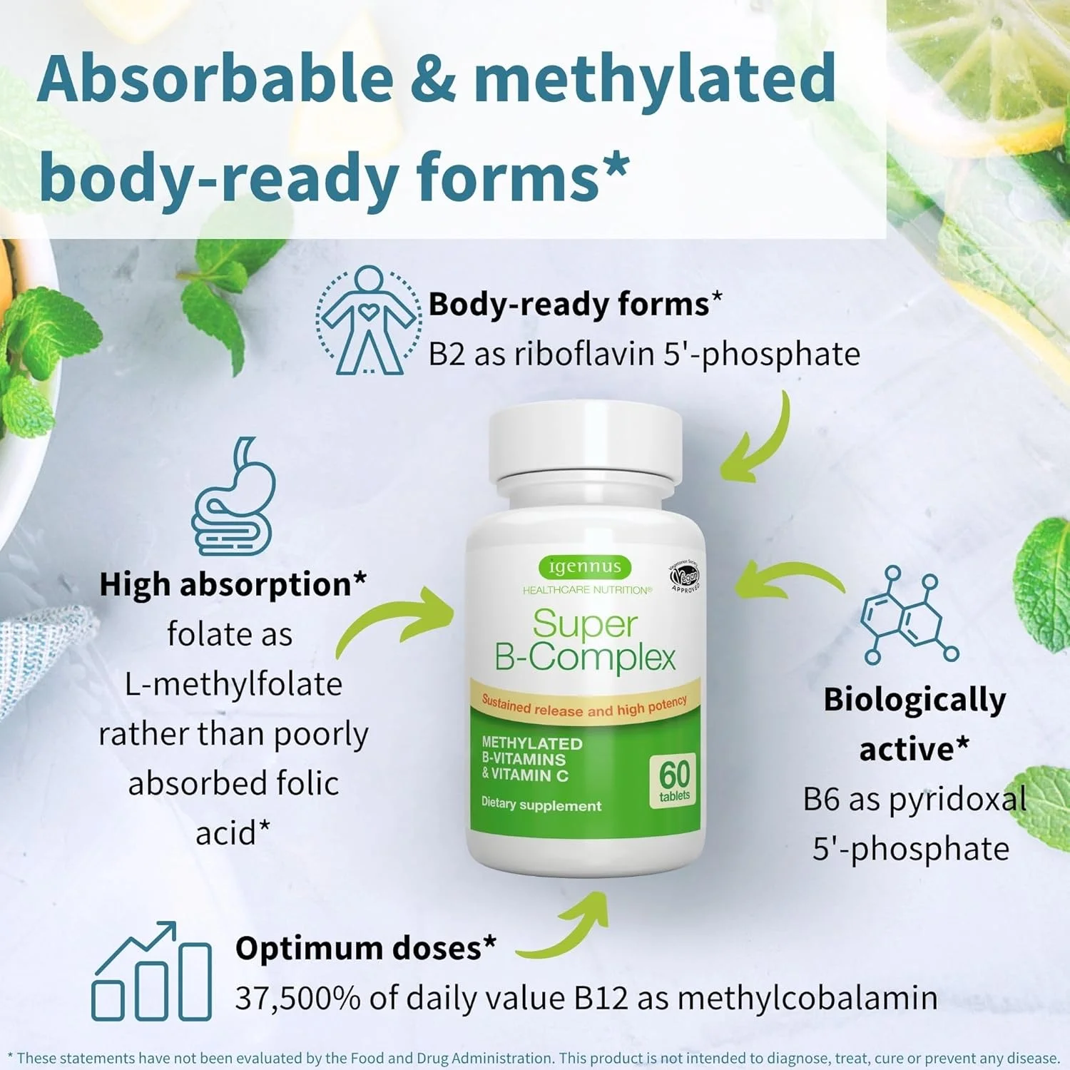 ایگنوس سوپر ب-کمپلکس – کمپلکس ب متیله شده با رهش پایدار به همراه ویتامین C، فولات و متیل کوبالامین، وگان، انرژی، عملکرد قلب و مغز، 180 قرص کوچک