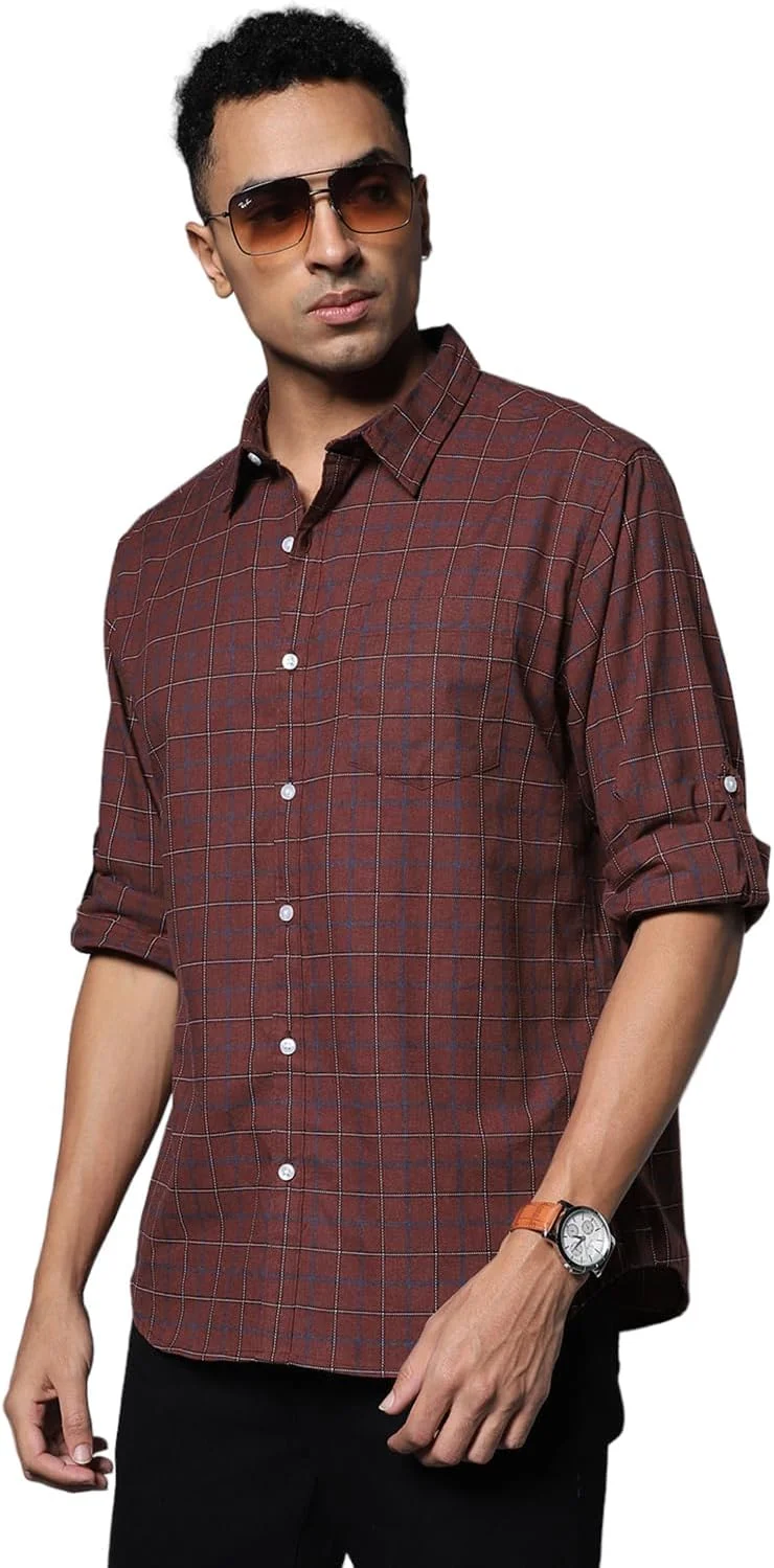 پیراهن مردانه چهارخانه زرشکی HIGH STAR، آستین بلند، یقه برگردان، 100% پنبه (پیراهن غیر رسمی)