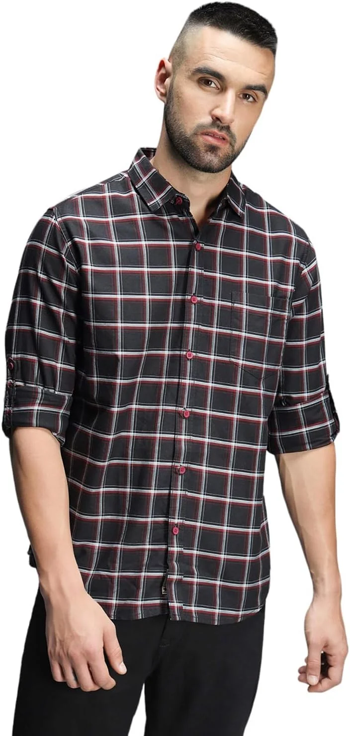 پیراهن مردانه چهارخانه مشکی HIGH STAR، آستین بلند، یقه برگردان، 100% پنبه (پیراهن غیر رسمی)