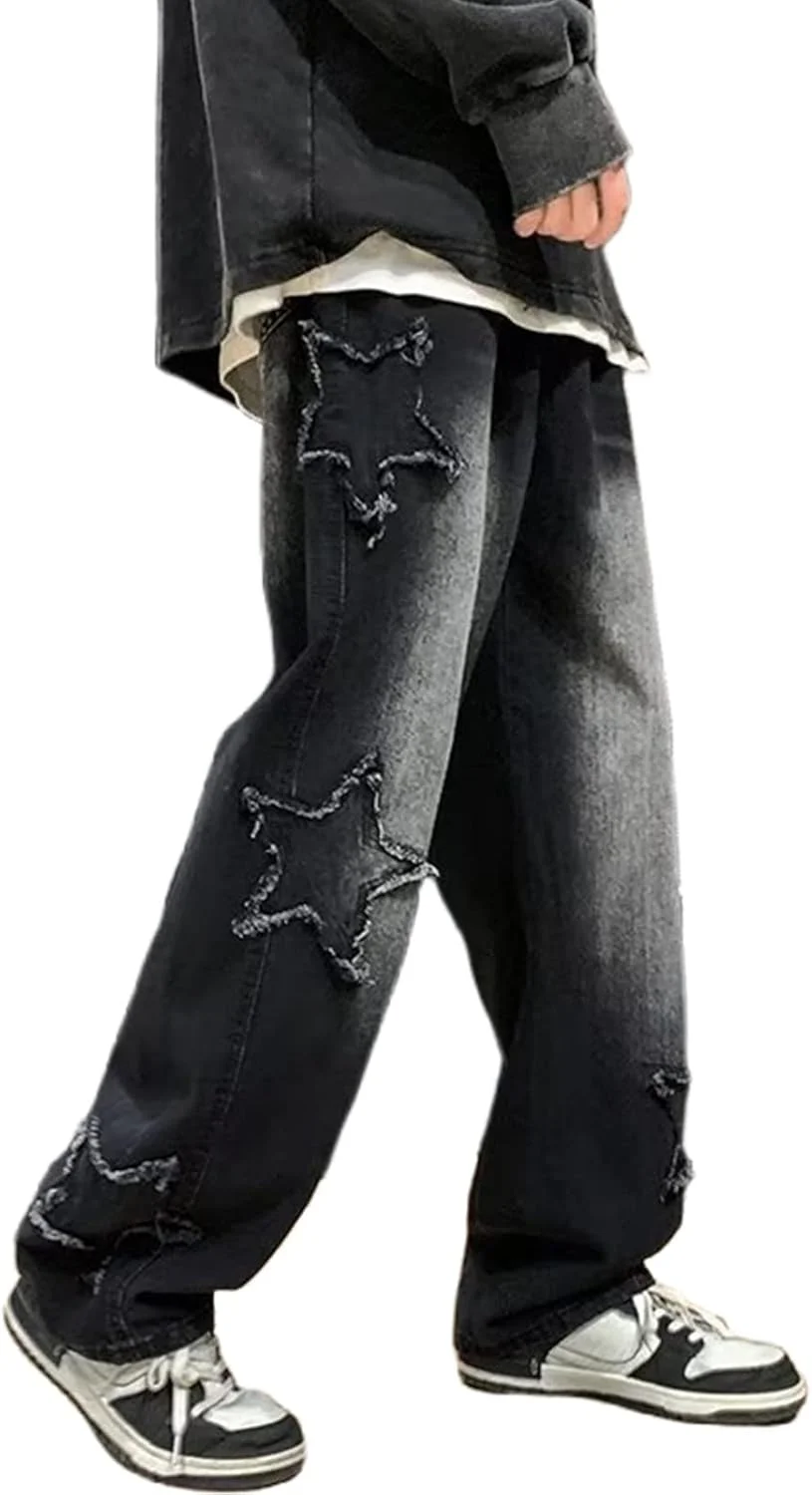 شلوار جین بگ مردانه Y2k، شلوار جین طرح دار ستاره ای گشاد و ساق پهن به سبک هیپ هاپ گرانج