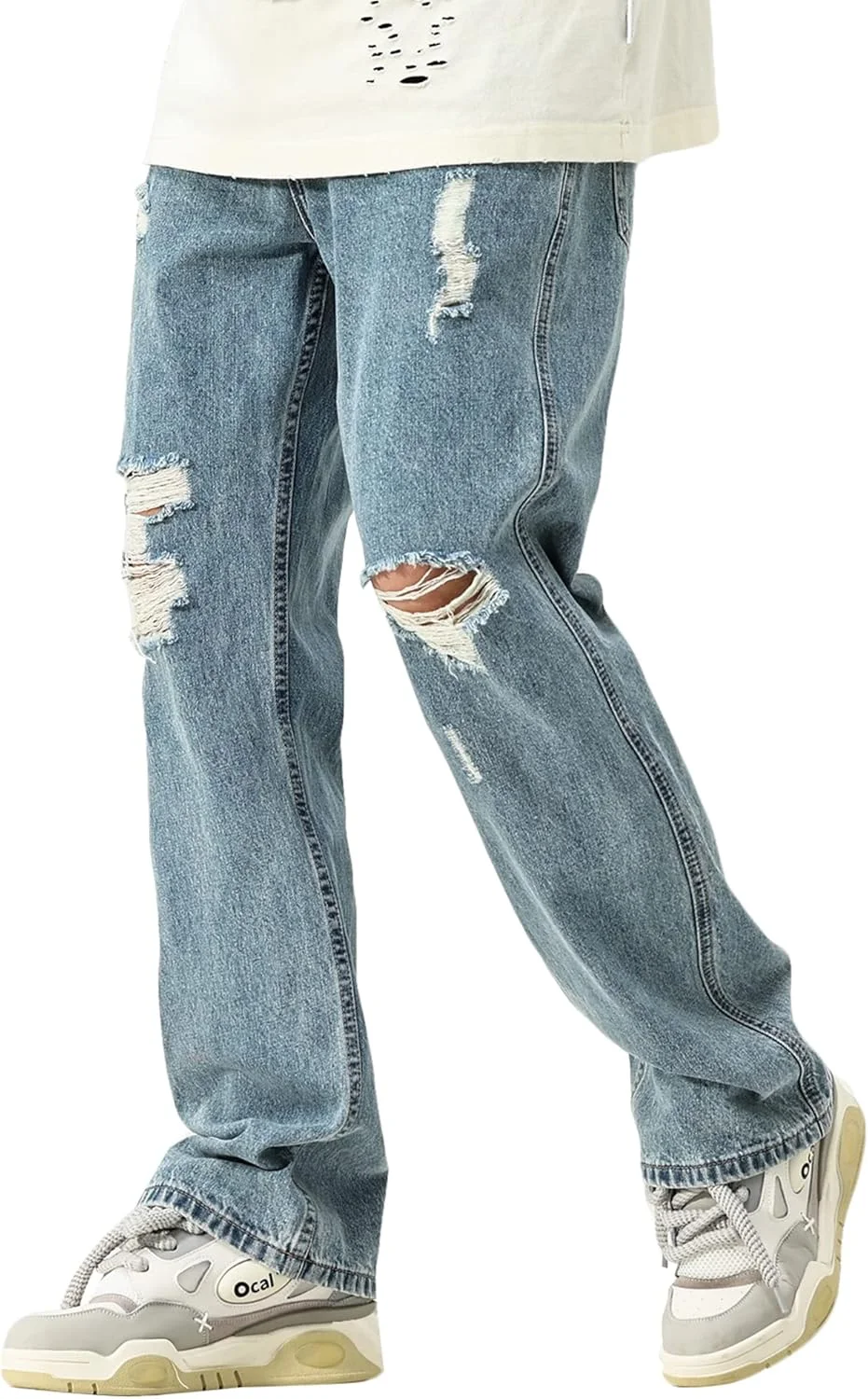 شلوار جین بگ مردانه DOSLAVIDA، مدل آزاد، جین پاره و سنگ شور شده، شلوار دنیم اسکیت برد راحت با سوراخ