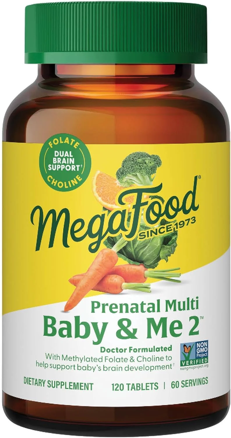 مولتی ویتامین و مواد معدنی دوران بارداری MegaFood Baby & Me 2 - ویتامین های مخصوص بانوان - حاوی فولات (فرم طبیعی اسید فولیک)، کولین، آهن، ید، ویتامین C، ویتامین D و موارد دیگر - 120 قرص (60 سروینگ)