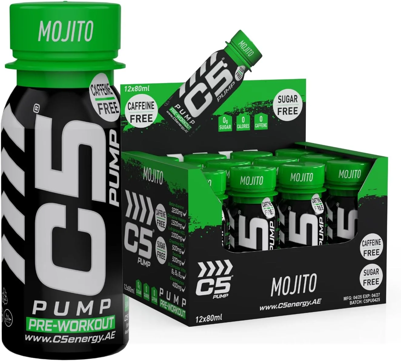 نوشیدنی قبل از تمرین C5 PUMP Shot، بدون کافئین، بدون شکر، 80 میلی لیتر، با بتا آلانین 3200 میلی گرم، سیترولین 1500 میلی گرم، ویتامین های گروه B (بسته 12 عددی، موهیتو)