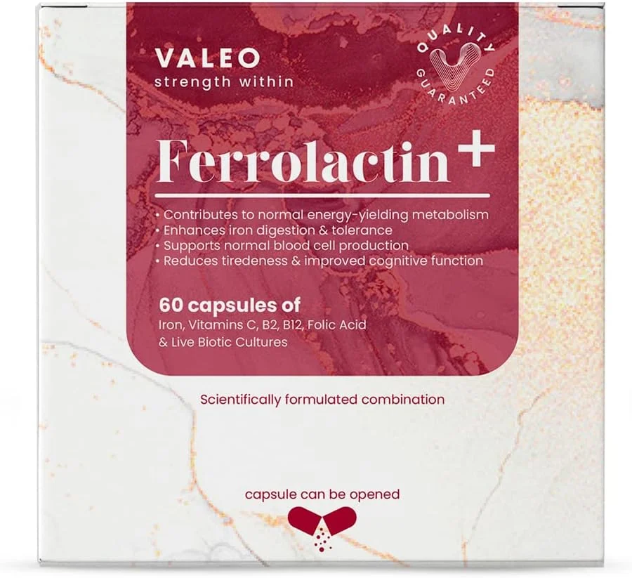 مکمل آهن Valeo Ferrolactin+ حاوی ویتامین C، B12، B2، اسید فولیک و پروبیوتیک | پشتیبانی از هموگلوبین، انرژی و جذب آهن | 60 کپسول | ملایم بر معده