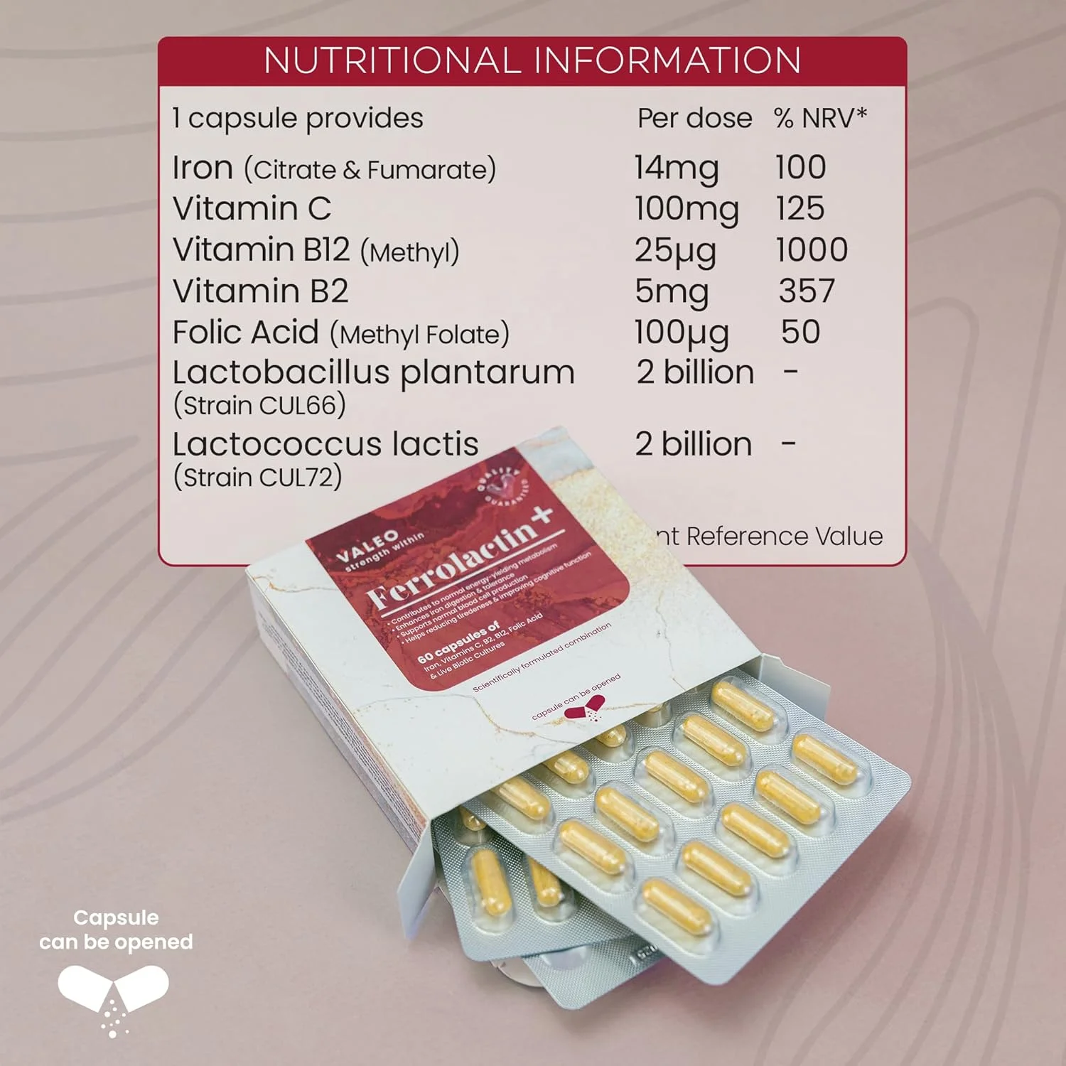 مکمل آهن Valeo Ferrolactin+ حاوی ویتامین C، B12، B2، اسید فولیک و پروبیوتیک | پشتیبانی از هموگلوبین، انرژی و جذب آهن | 60 کپسول | ملایم بر معده