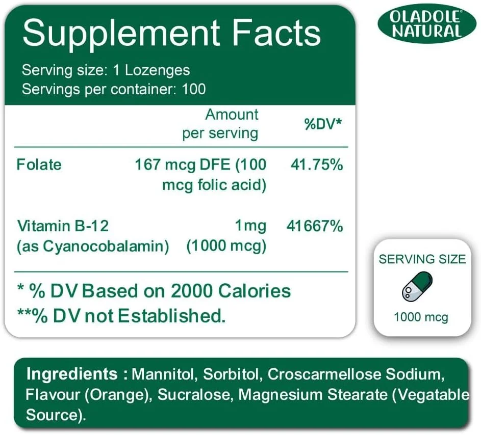 قرص مکیدنی ویتامین ب-۱۲ طبیعی اولادل (۱۰۰۰ میکروگرم) - ۱۰۰ عدد با طعم گیلاس سیاه | فرموله شده با اسید فولیک | افزایش انرژی، تشکیل گلبول های قرمز خون، پشتیبانی از سیستم عصبی و سلامت ایمنی | غیر GMO