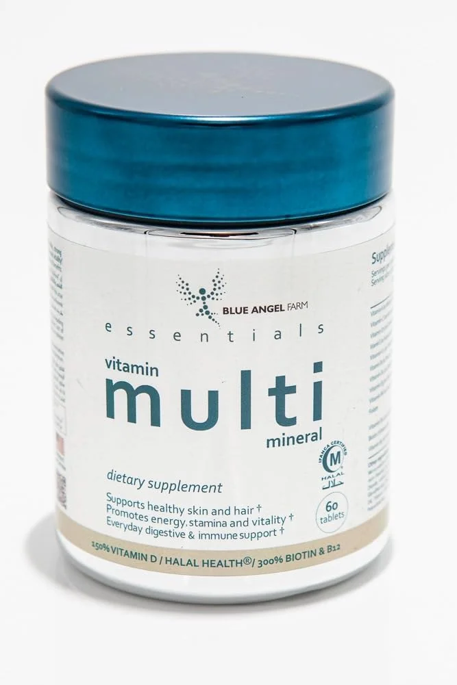 مولتی ویتامین و مواد معدنی حلال Blue Angel Farm، سرشار از ویتامین D، B12، بیوتین، +گلوتاتیون+پروبیوتیک+کوآنزیم کیو10+ زینک +اینوزیتول +هیالورونیک +عصاره بامبو، قرص مولتی ویتامین روزانه (60 عدد)