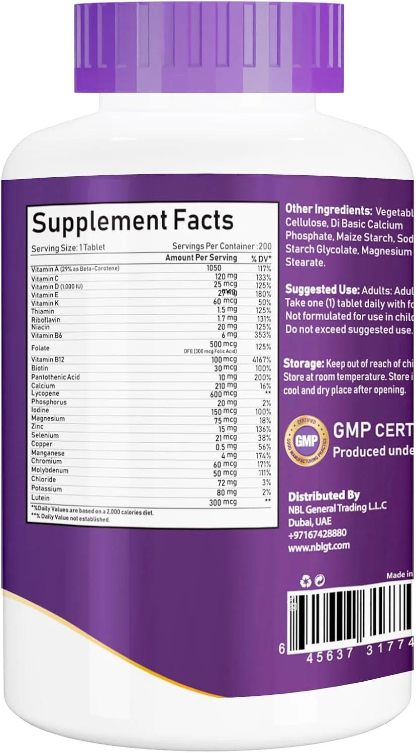 مولتی ویتامین طبیعی NBL برای مردان بالای 50 سال، مکمل مولتی مینرال، ویتامین D3، ویتامین های گروه B و روی، پشتیبانی از حافظه و شناخت در بزرگسالان مسن - 200 قرص
