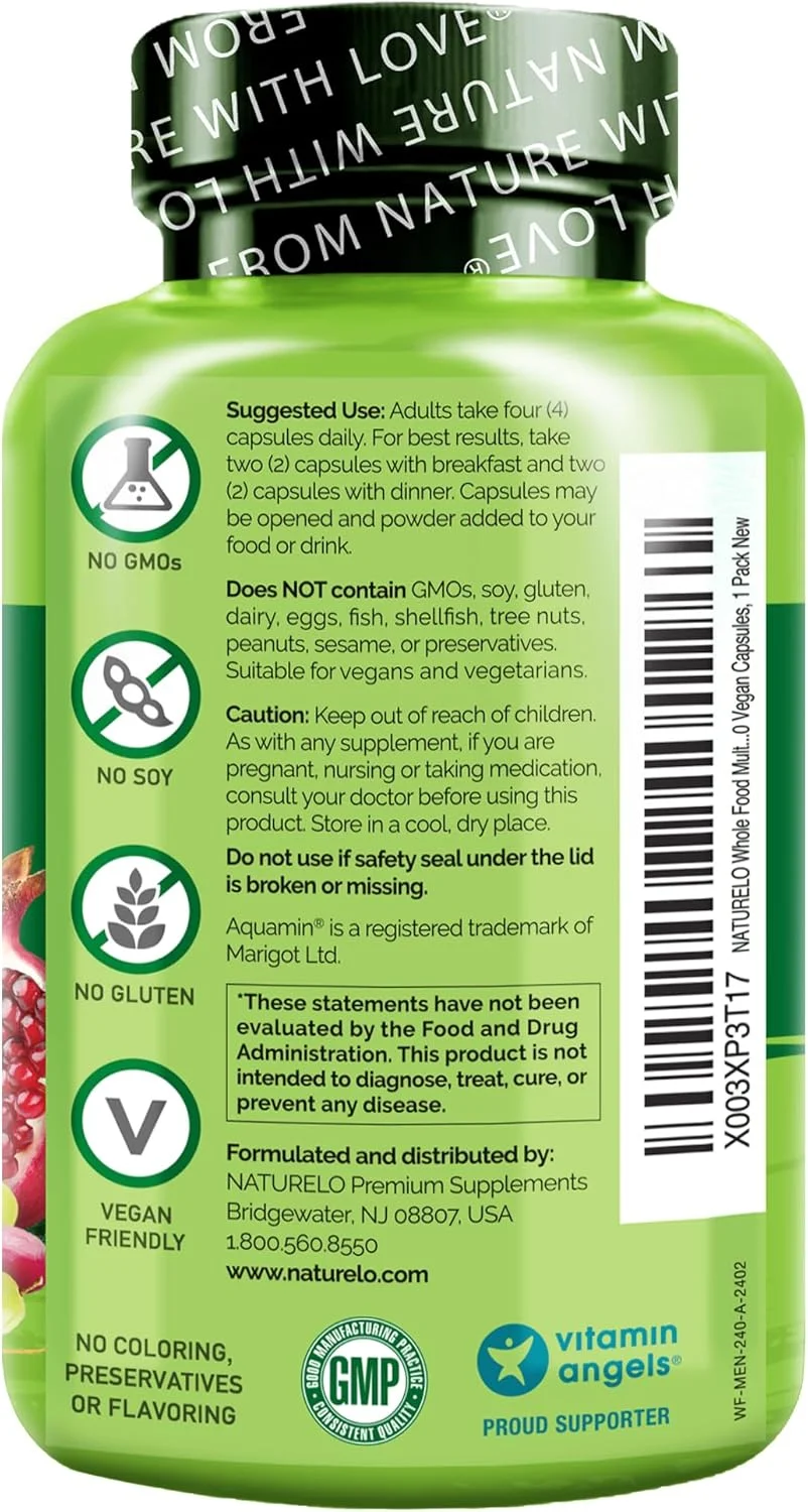 مولتی ویتامین غذایی کامل آقایان NATURELO - ویتامین ها، مواد معدنی، آنتی اکسیدان ها، عصاره های ارگانیک - گیاهی - برای انرژی، مغز، قلب، سلامت چشم - 240 کپسول وگان، 1 بسته
