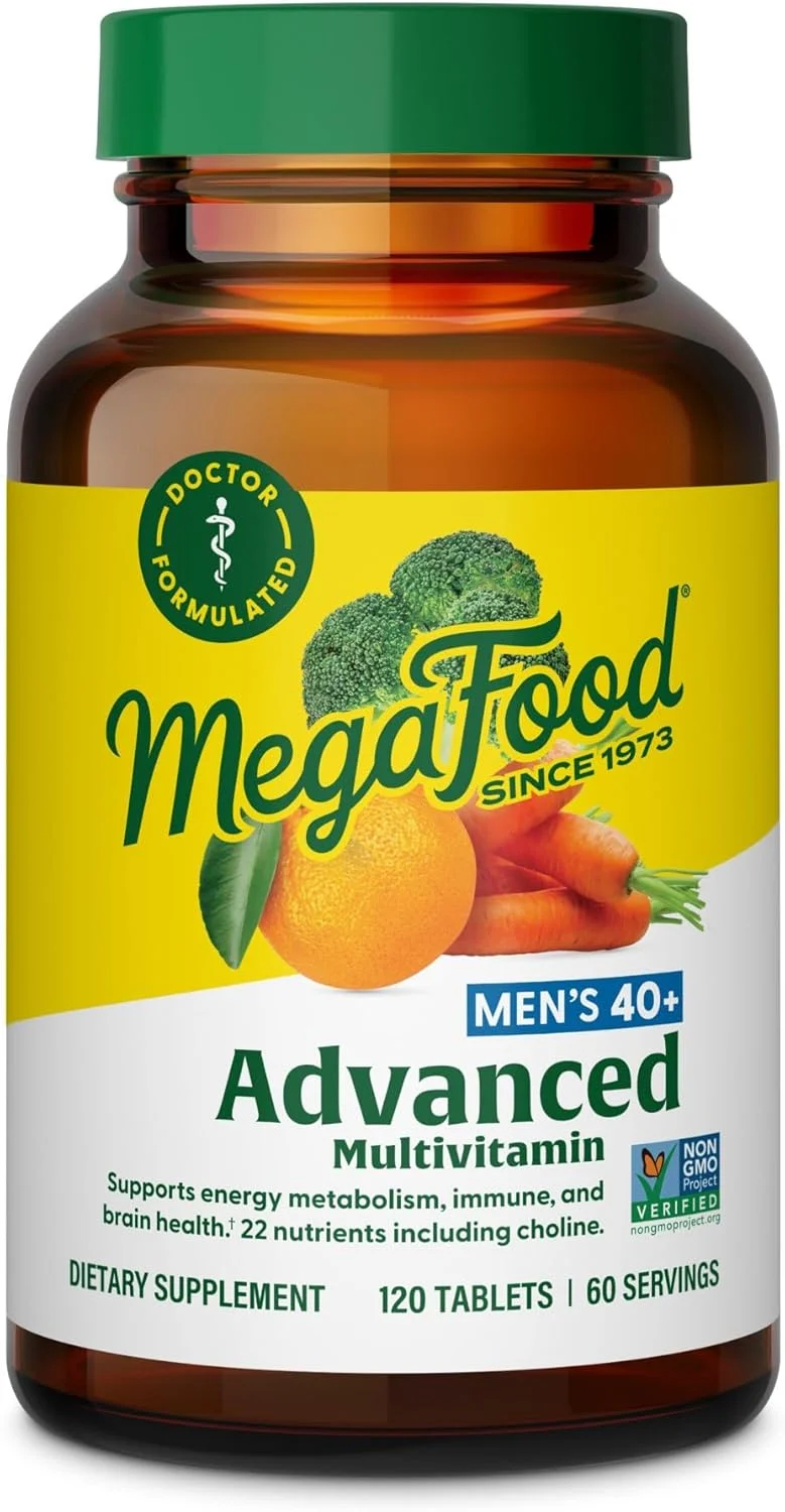 مولتی ویتامین پیشرفته آقایان بالای 40 سال MegaFood - فرموله شده توسط پزشک - کولین، ویتامین B، ویتامین C، ویتامین D، روی و غذای واقعی - سلامت مغز، تقویت سیستم ایمنی - گیاهی - 120 قرص (60 سروینگ)
