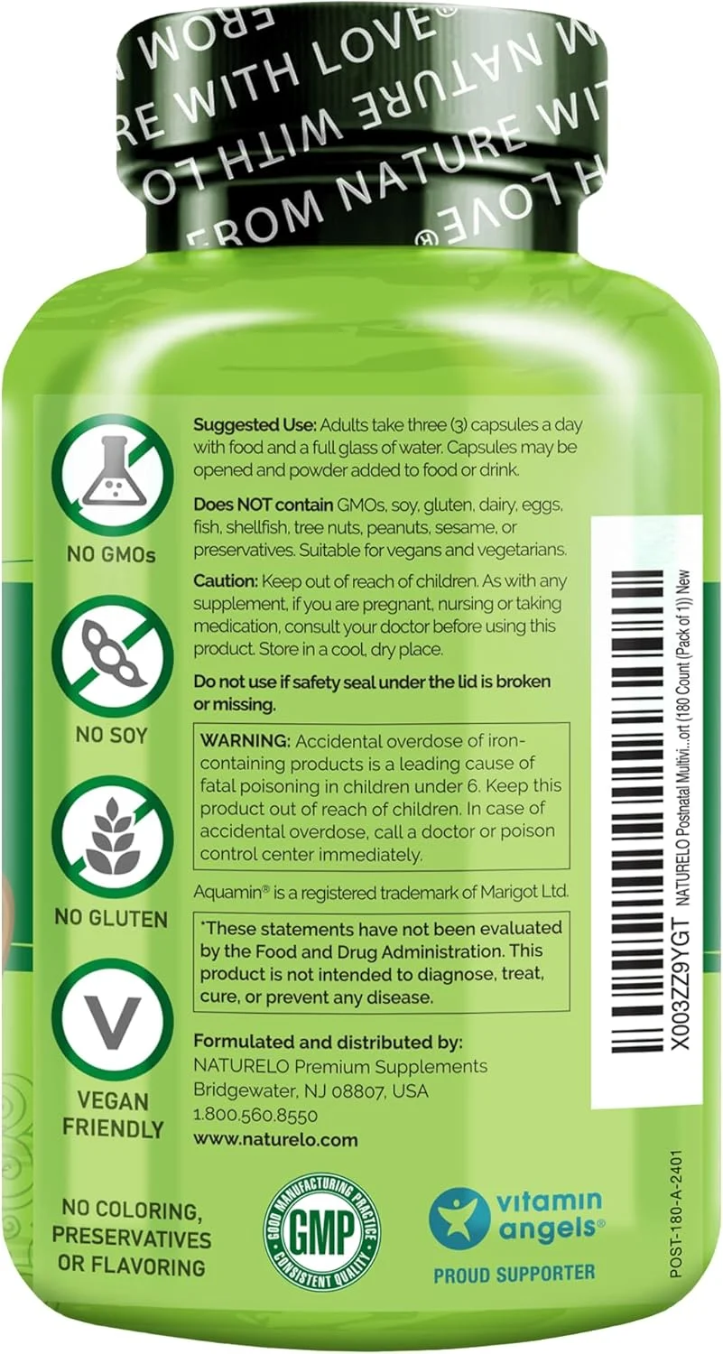 مولتی ویتامین پس از زایمان NATURELO - مکمل برای زنان شیرده - ویتامین D گیاهی، فولات، آهن ملایم - برای مادر و نوزاد - حمایت از شیردهی پس از زایمان - 180 کپسول گیاهی