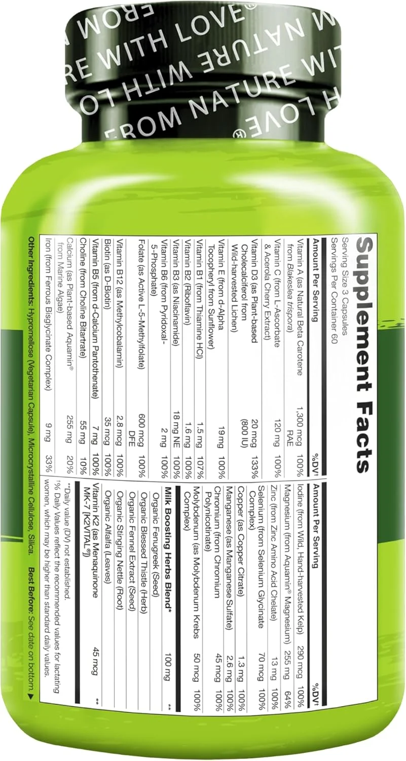 مولتی ویتامین پس از زایمان NATURELO - مکمل برای زنان شیرده - ویتامین D گیاهی، فولات، آهن ملایم - برای مادر و نوزاد - حمایت از شیردهی پس از زایمان - 180 کپسول گیاهی