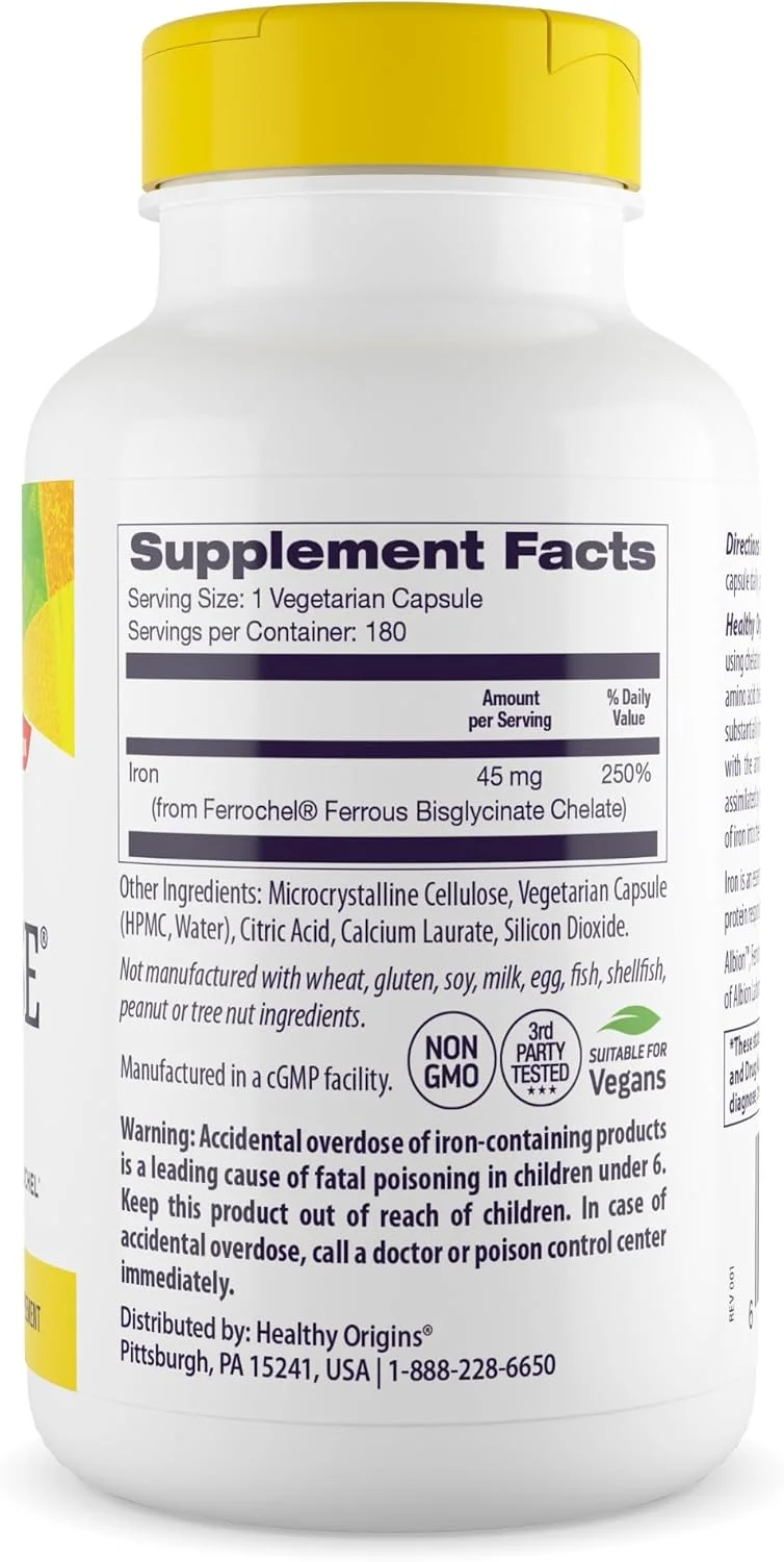 مکمل آهن هلثی اوریجینز (حاوی فروس فروس فرچل)، 45 میلی گرم - مکمل های آهن با قابلیت هضم آسان برای زنان و مردان - وگان، غیر GMO و بدون گلوتن - 180 کپسول گیاهی