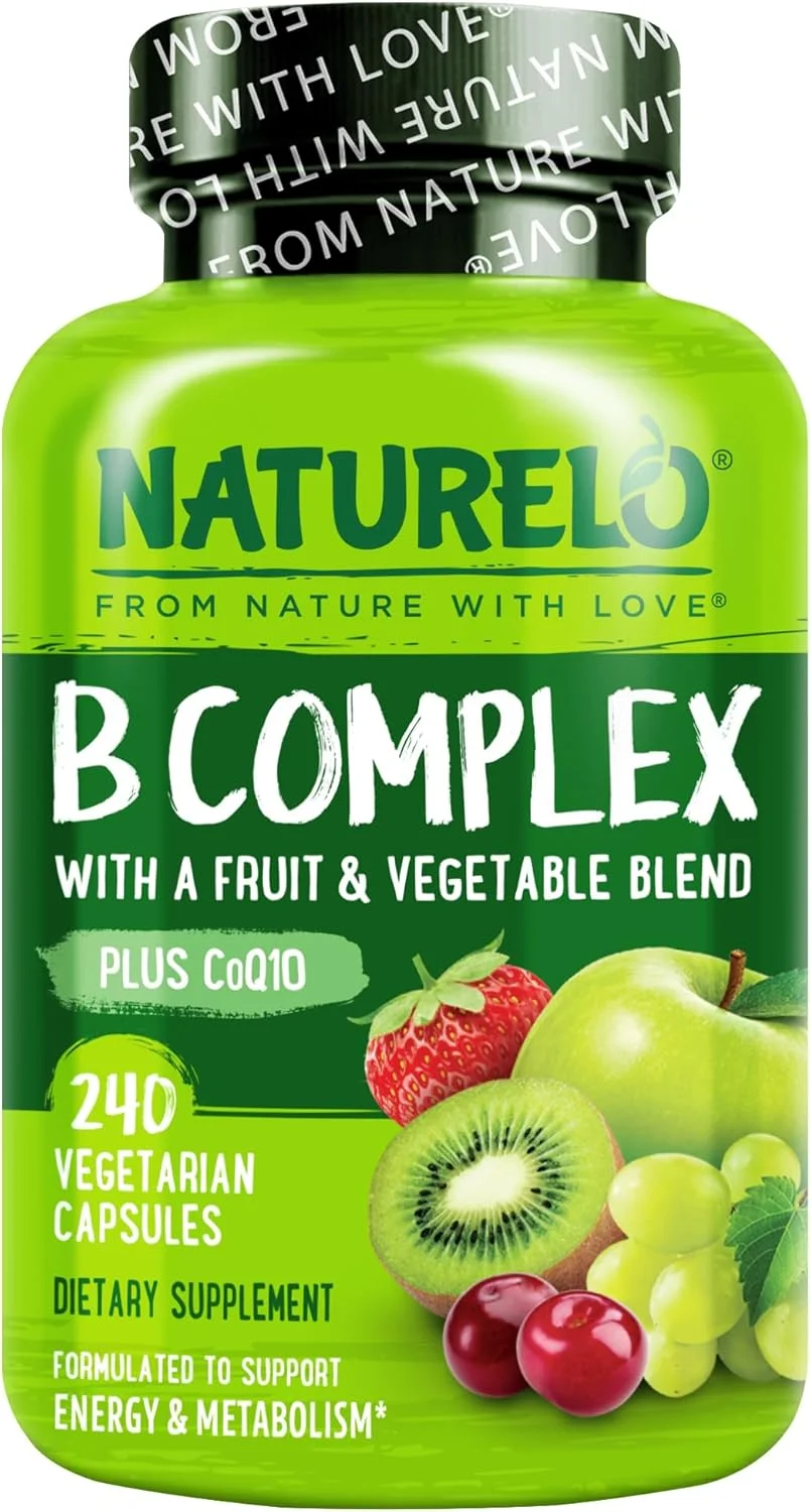 کمپلکس ویتامین B NATURELO - کمپلکس غذایی کامل با ویتامین B6، فولات، B12، بیوتین - مکمل برای انرژی و کاهش استرس - قدرت بالا - وگان - گیاهخواری - غیر GMO - بدون گلوتن - 240 کپسول