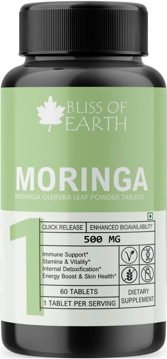 قرص مورینگا ارگانیک 500 میلی گرمی بلیس آو ارث - قرص های برگ مورینگا با قدرت بالا با پودر ارگانیک، پشتیبانی از انرژی، ایمنی و هضم، مکمل سوپرفود سبز، 60 عدد