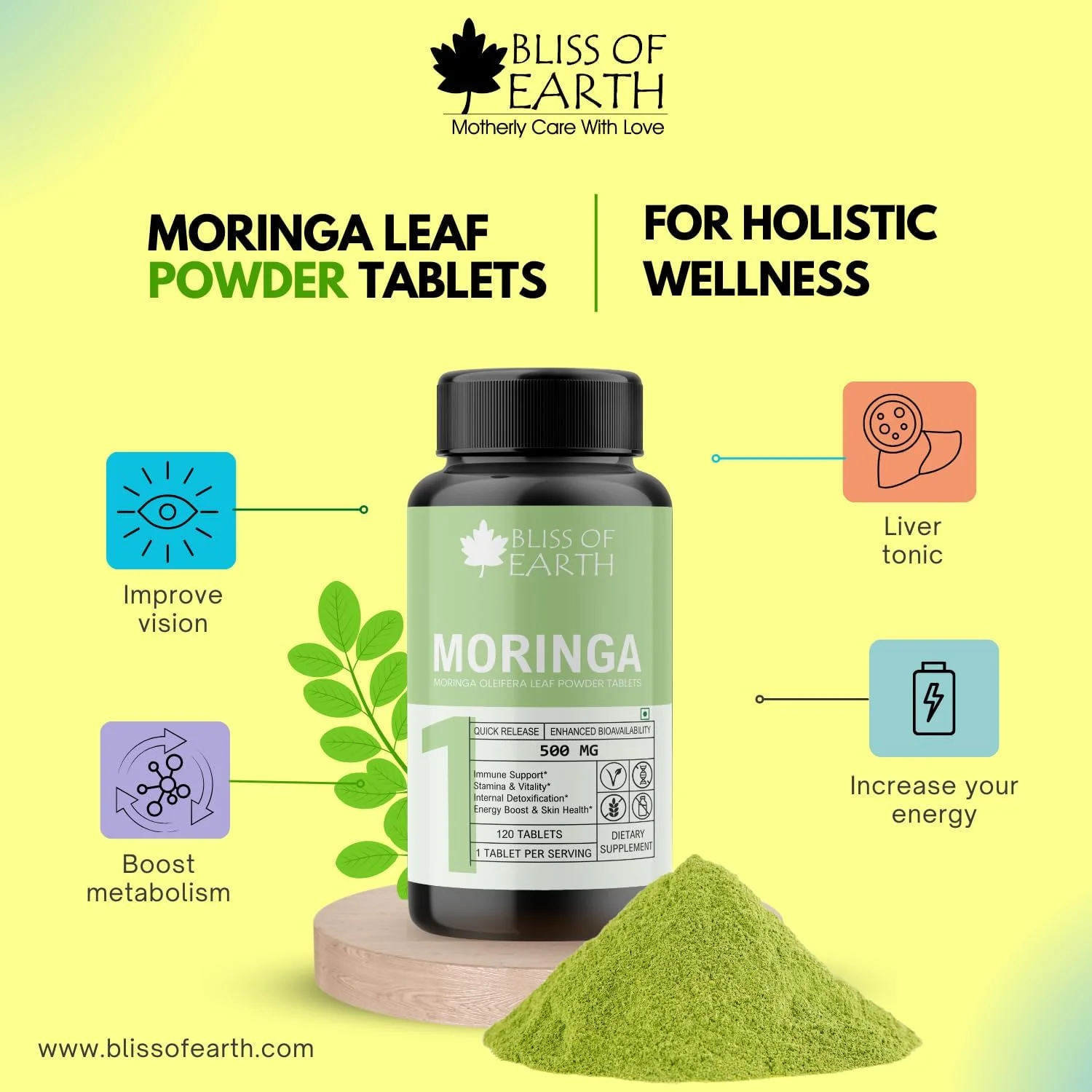 قرص مورینگا ارگانیک 500 میلی گرمی بلیس آو ارث - قرص های برگ مورینگا با قدرت بالا با پودر ارگانیک، پشتیبانی از انرژی، ایمنی و هضم، مکمل سوپرفود سبز، 60 عدد