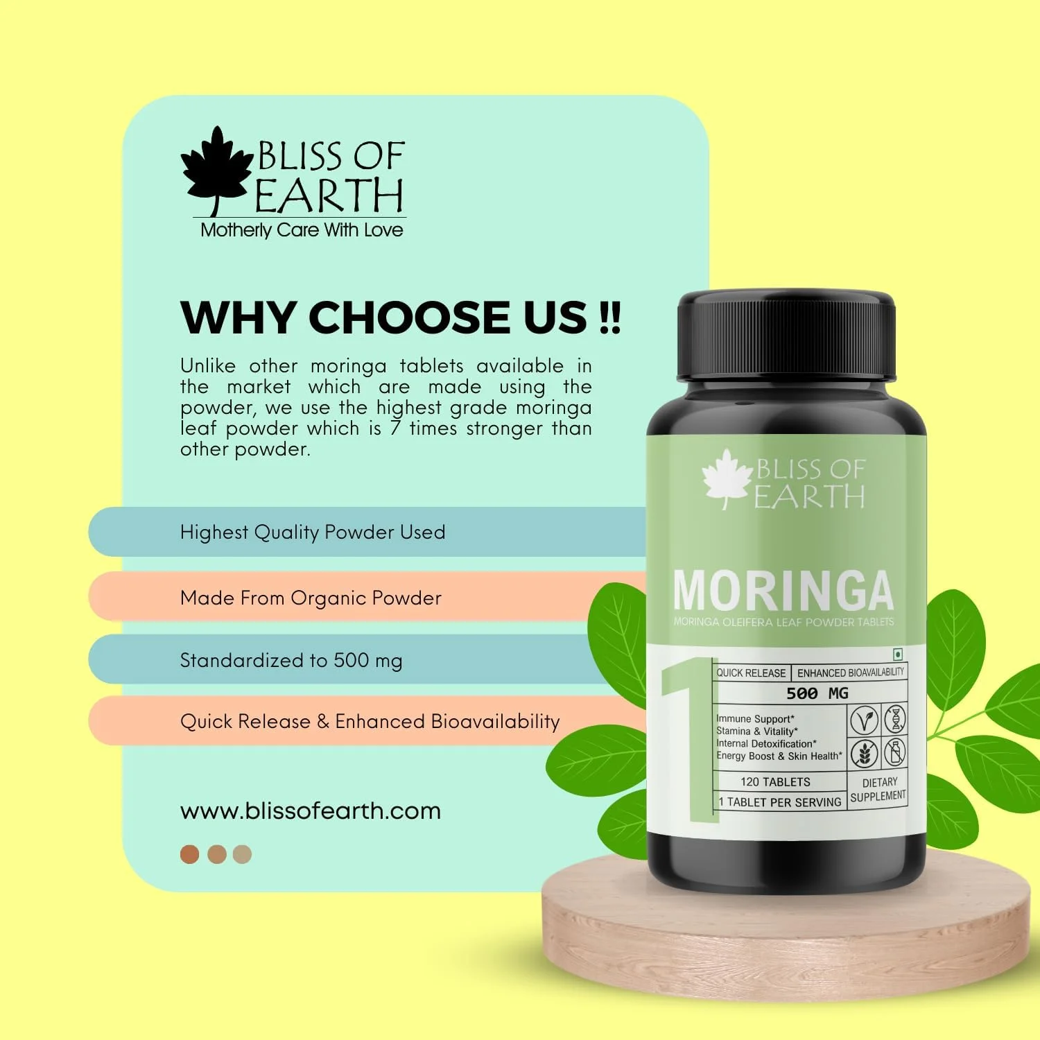 قرص مورینگا ارگانیک 500 میلی گرمی بلیس آو ارث - قرص های برگ مورینگا با قدرت بالا با پودر ارگانیک، پشتیبانی از انرژی، ایمنی و هضم، مکمل سوپرفود سبز، 60 عدد