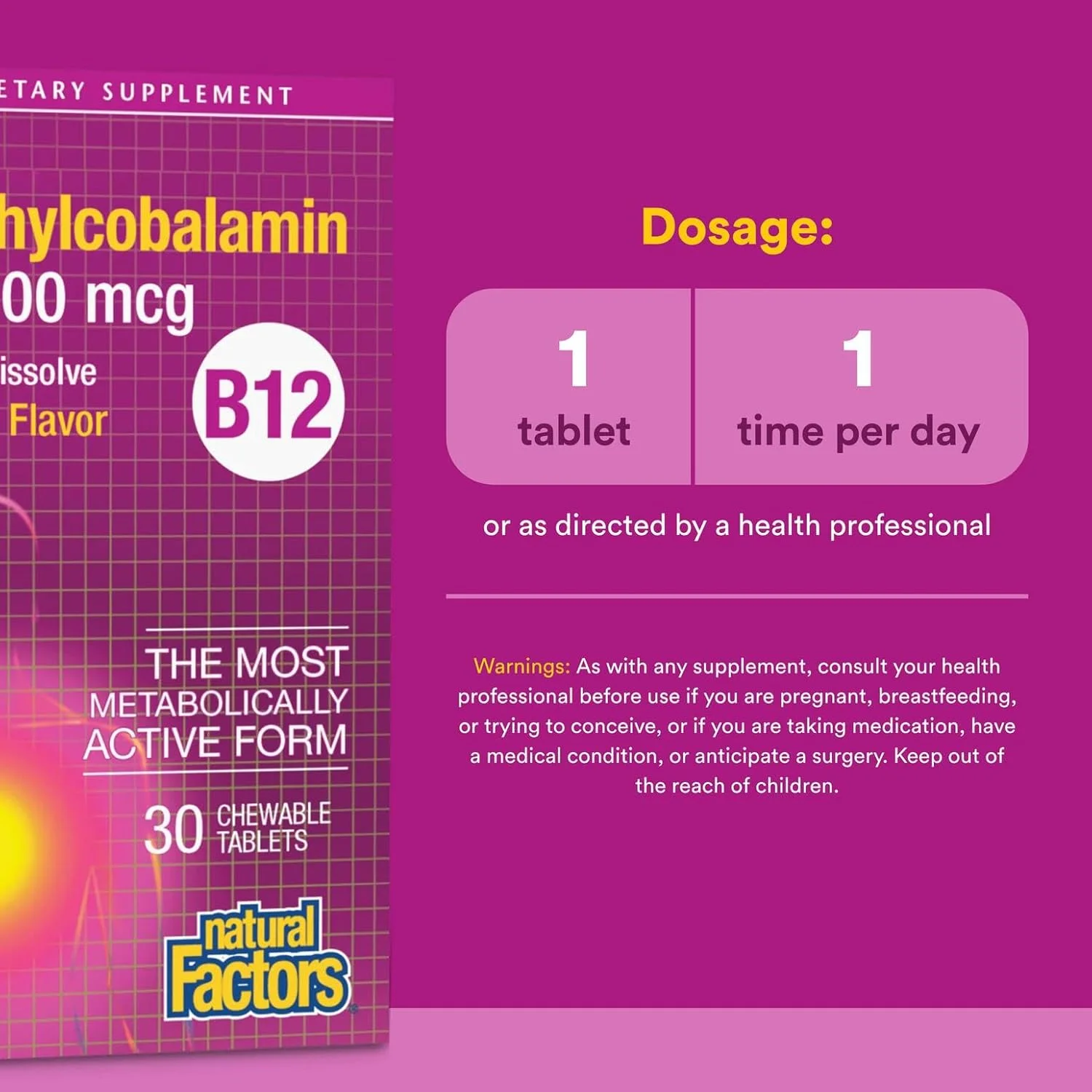 نچرال فاکتورز متیل کوبالامین B12 10000 میکروگرم، طعم گیلاس، 30 قرص جویدنی